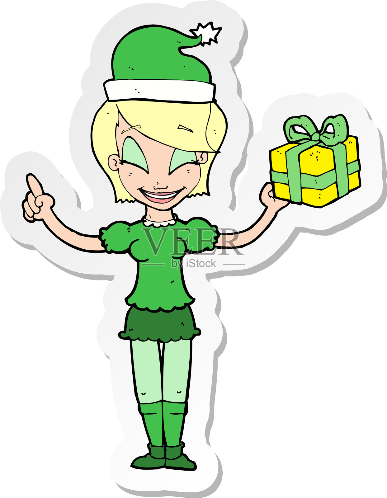 一个卡通女人的贴纸和圣诞礼物设计元素图片