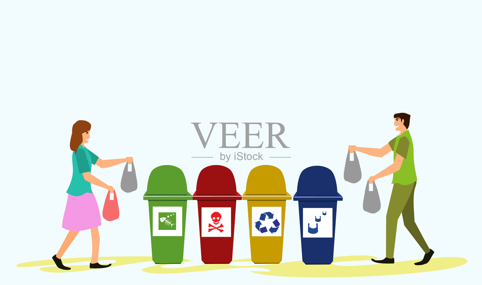 男人和女人都拿着垃圾袋插画图片素材