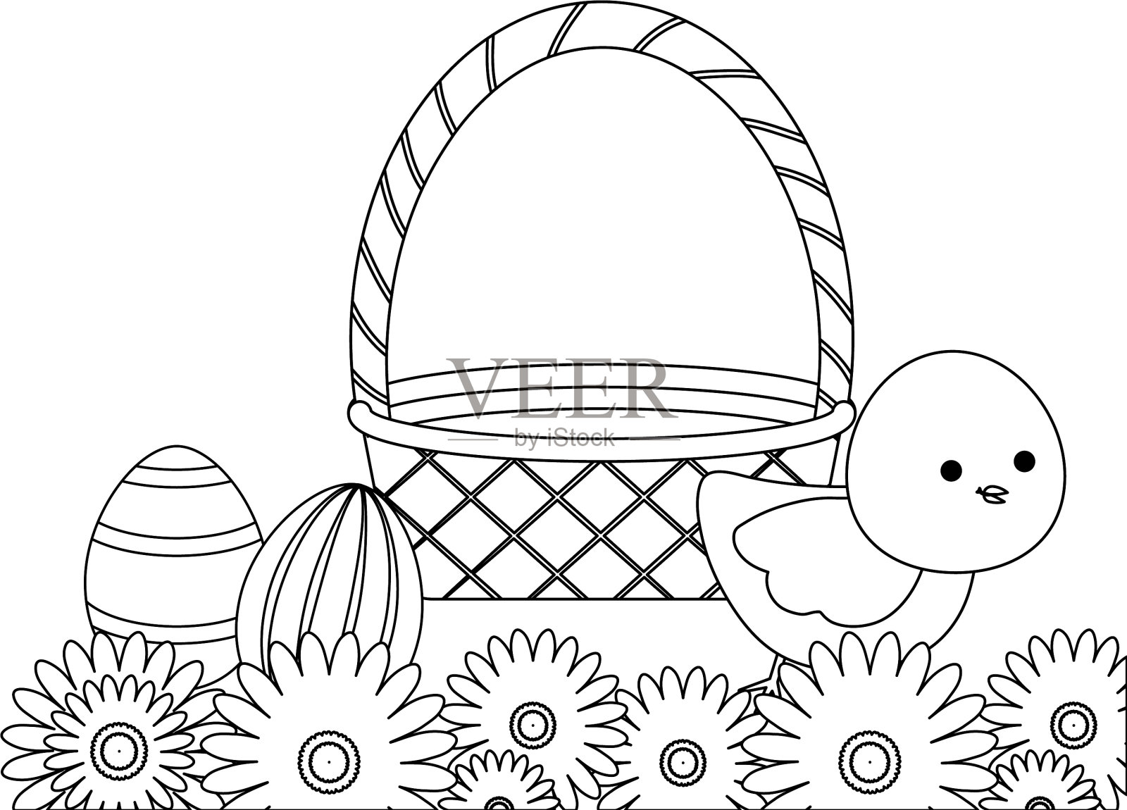 可爱的鸡和篮子和复活节蛋插画图片素材