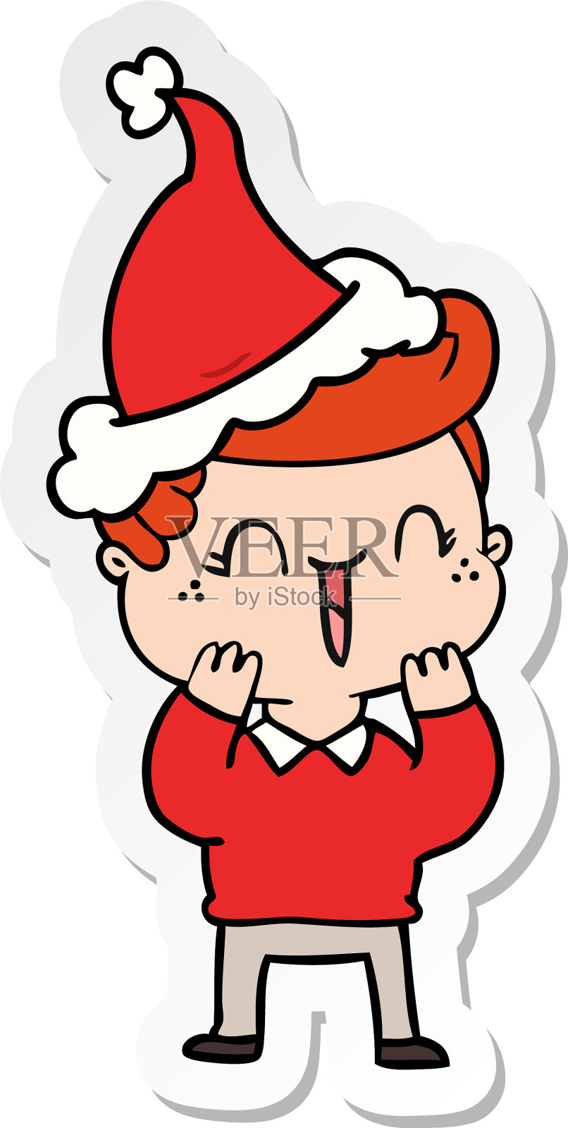 一个笑着的男孩穿着圣诞老人的卡通贴纸设计元素图片