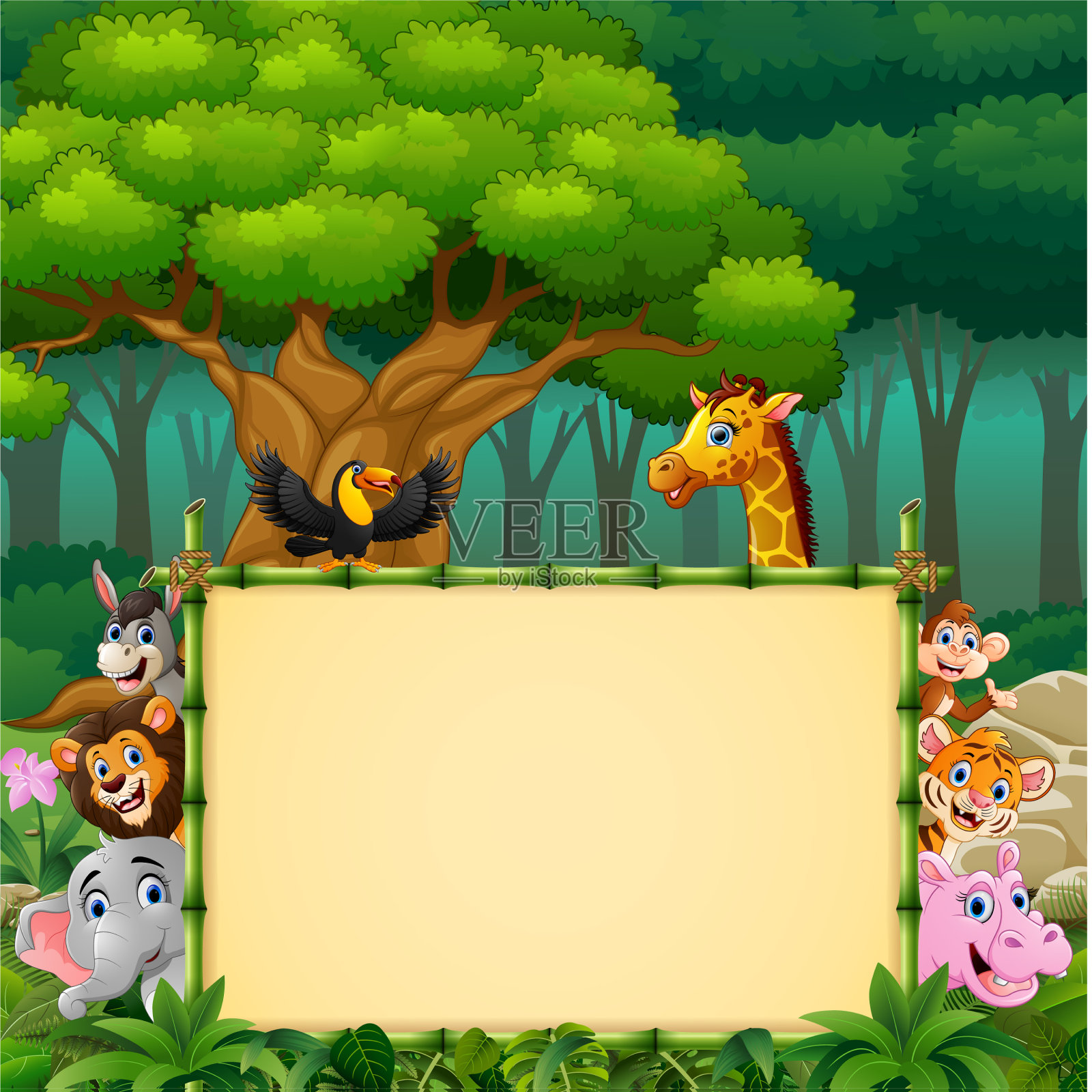 森林里有空白标志的动物插画图片素材