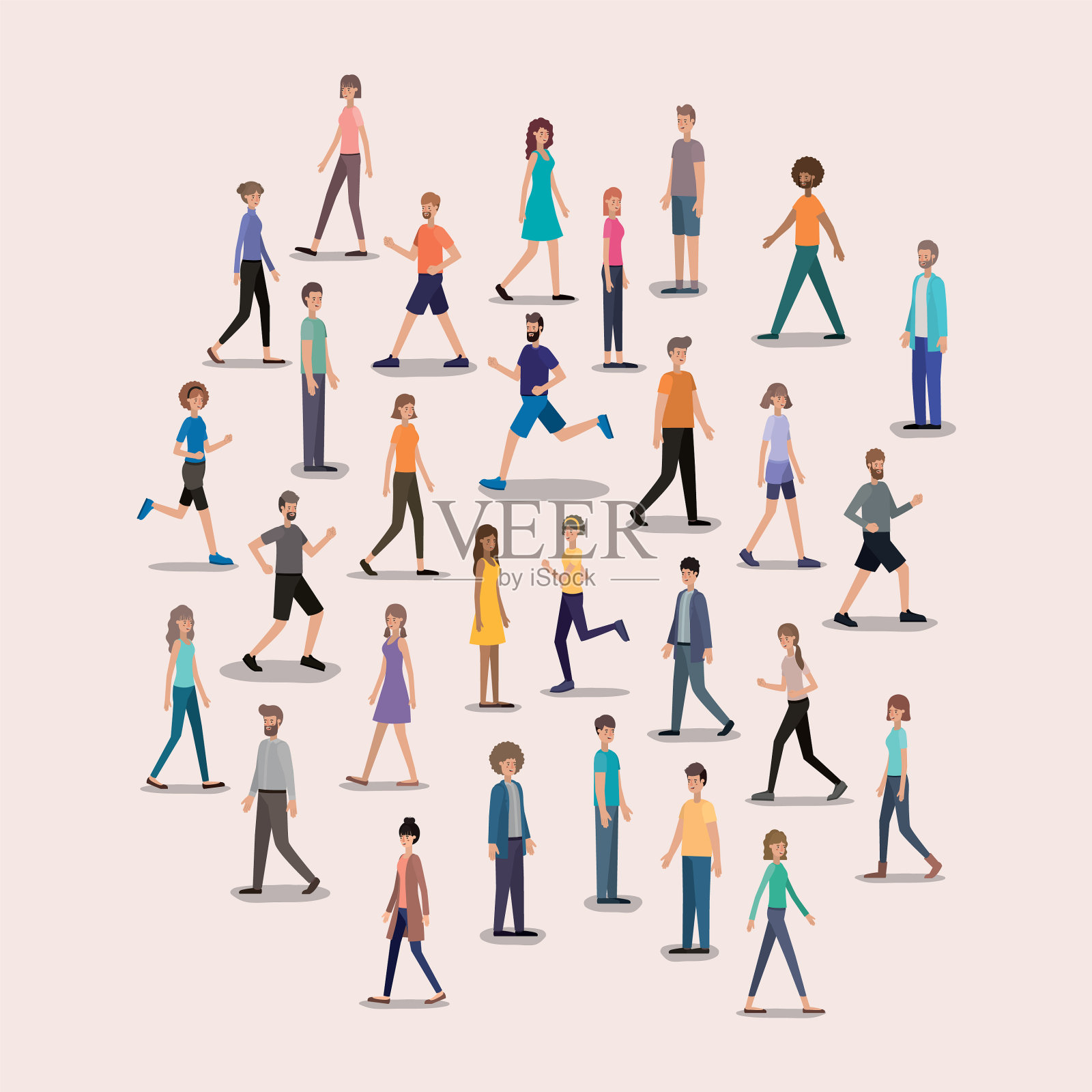 一群人在散步和跑步插画图片素材