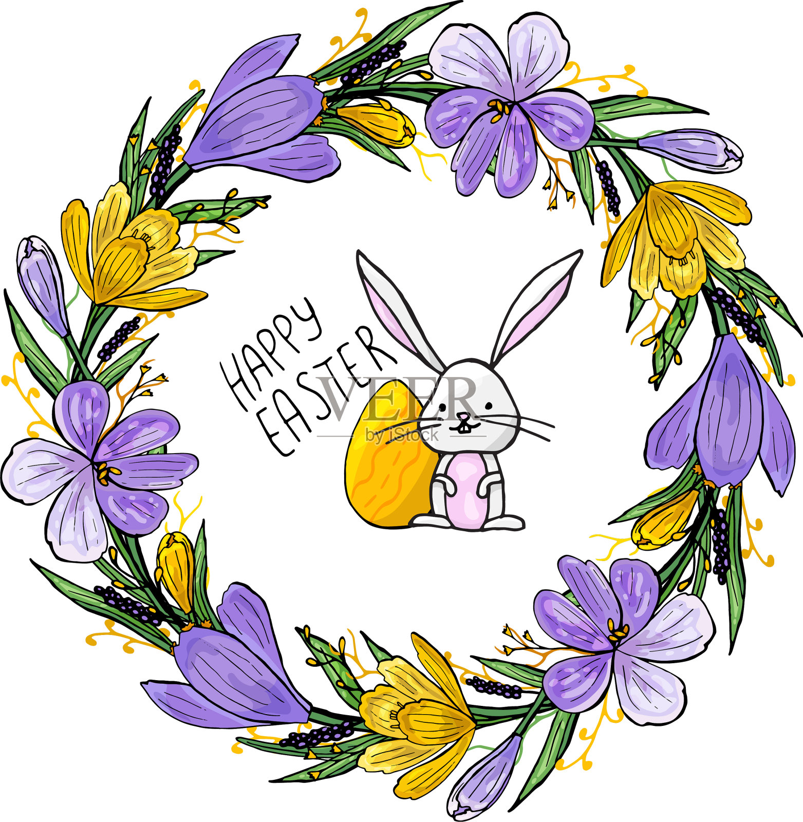 复活节邀请带花环的兔子蛋插画图片素材