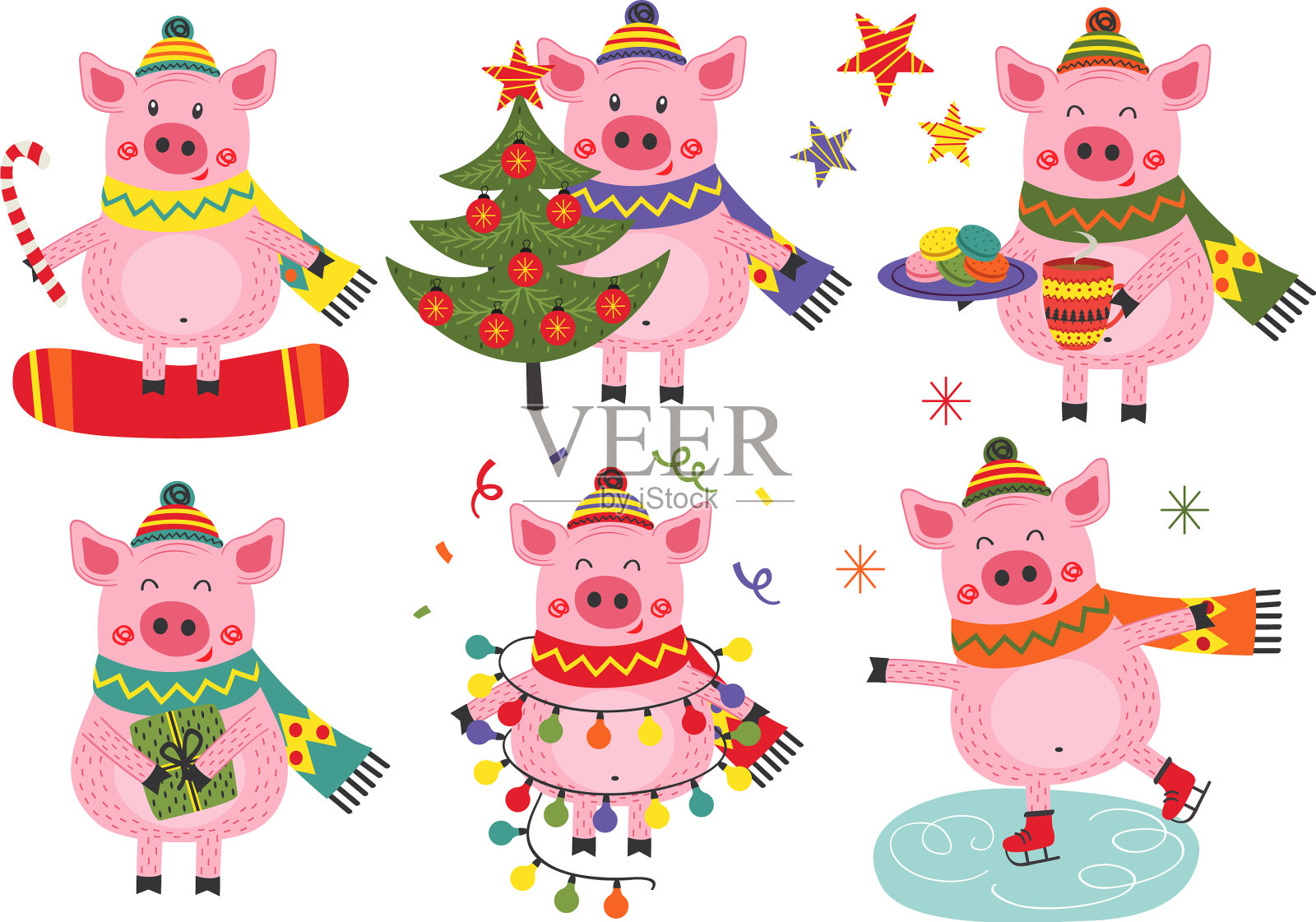 一组孤独的圣诞快乐的猪设计元素图片