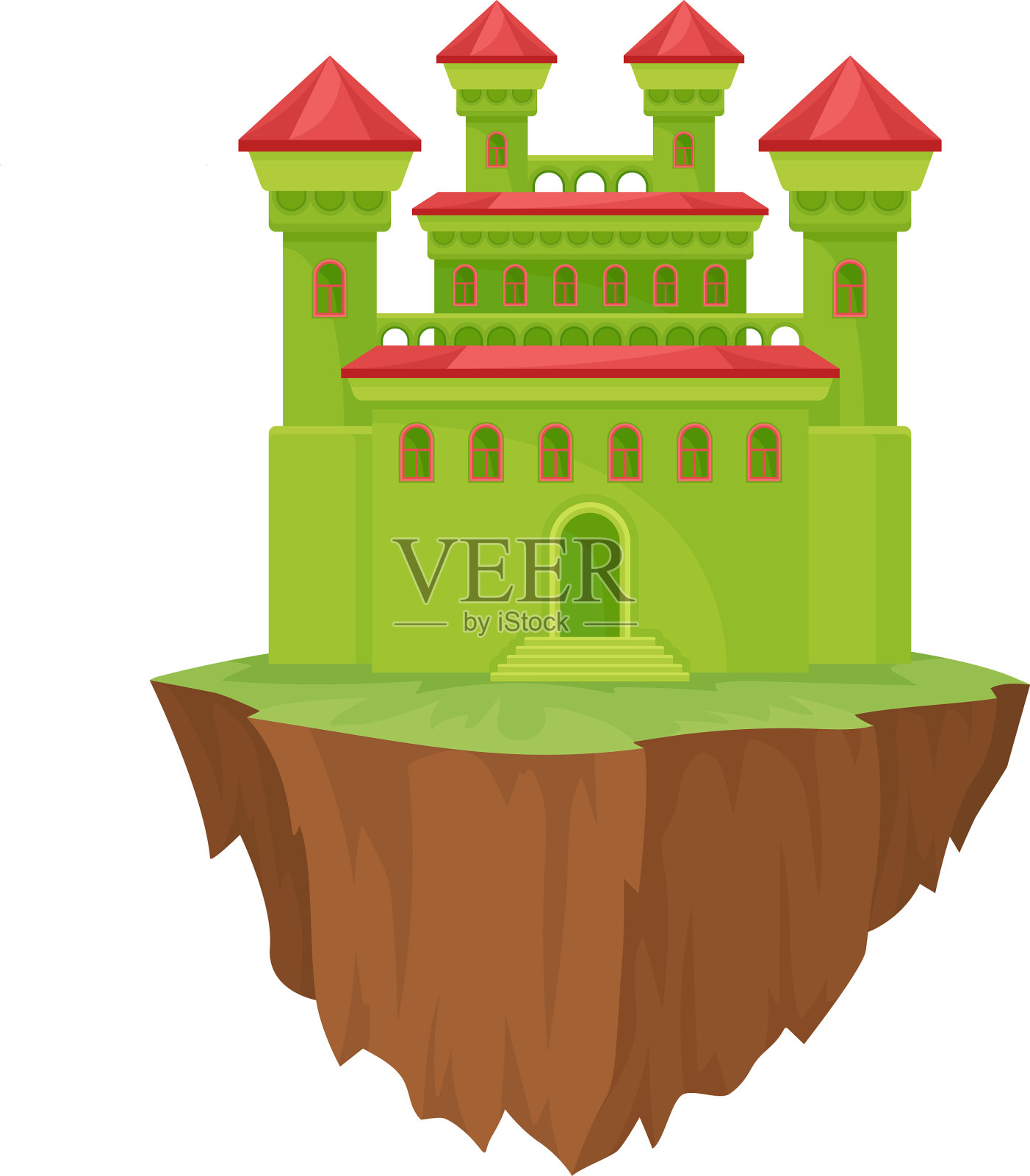 绿色中世纪石岛城堡上的白色插画图片素材