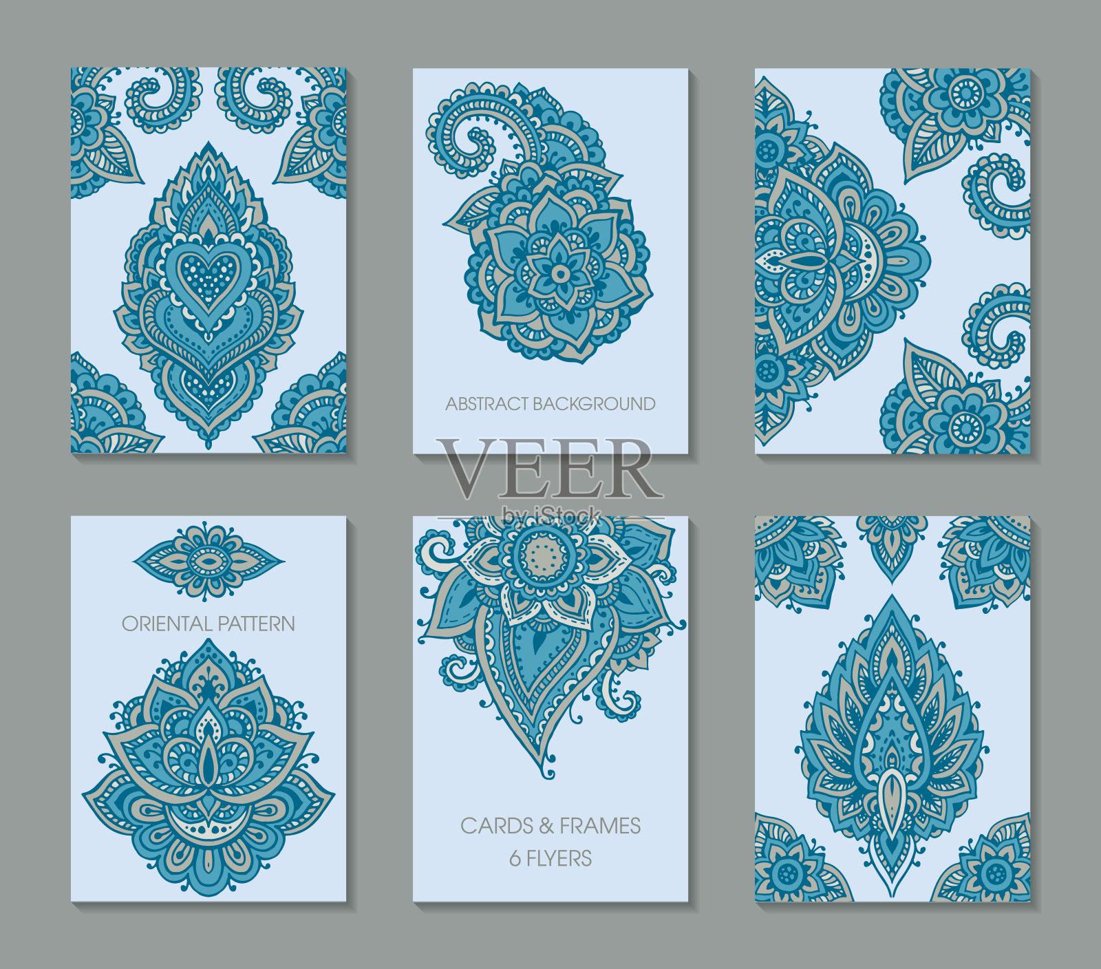 一套六张带有抽象指甲花图案的卡片或传单设计模板素材