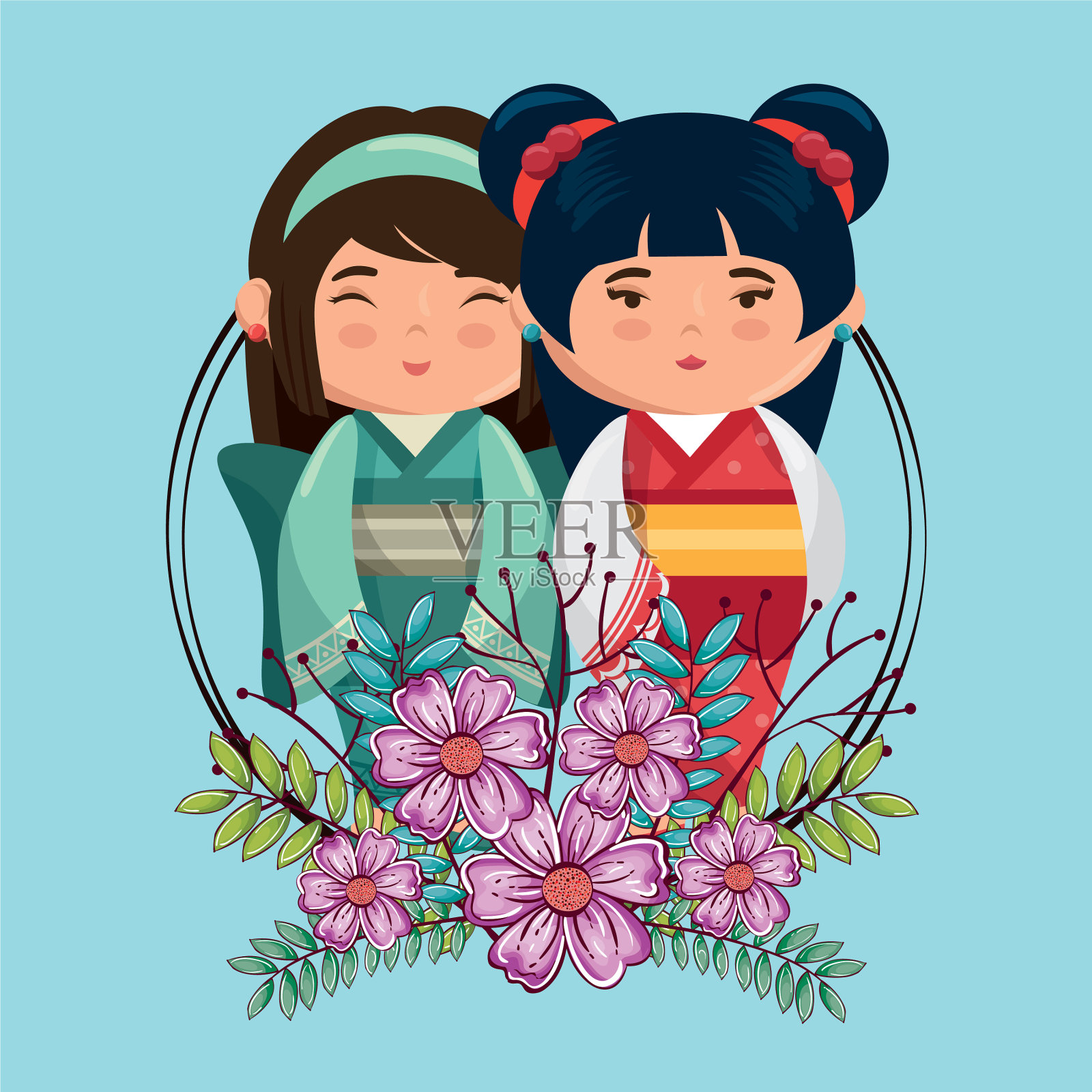 可爱的日本小女孩带着花插画图片素材