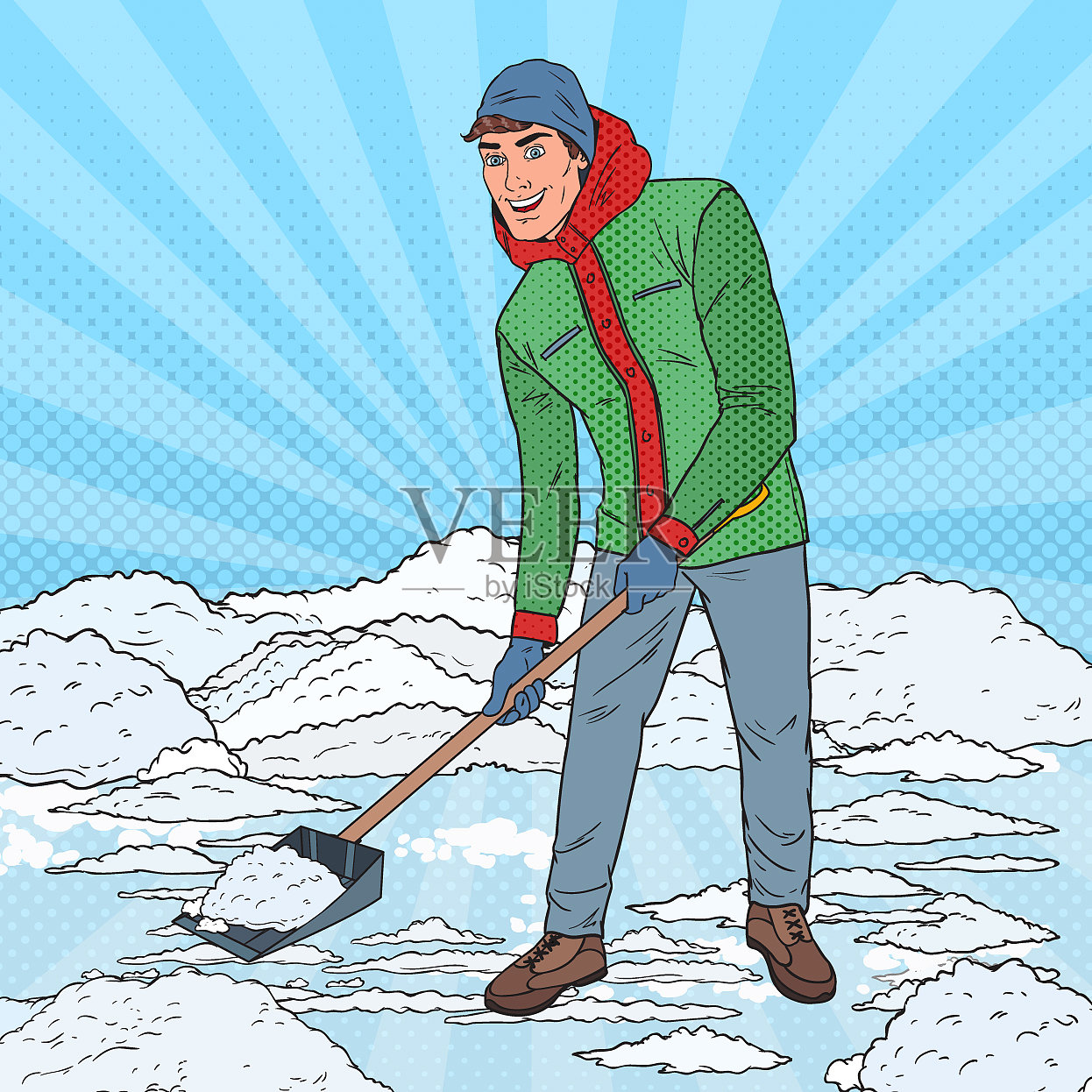 波普艺术家在冬天用铲子清理积雪插画图片素材