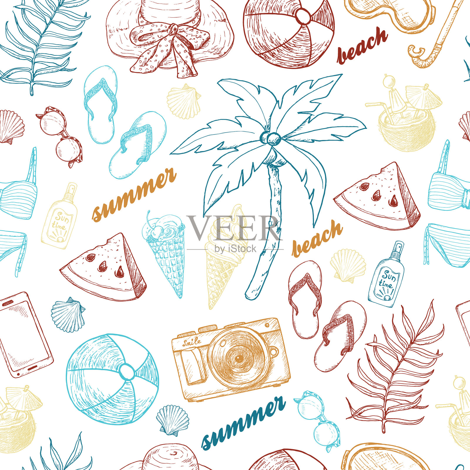 夏季无缝模式与海滩元素插画图片素材