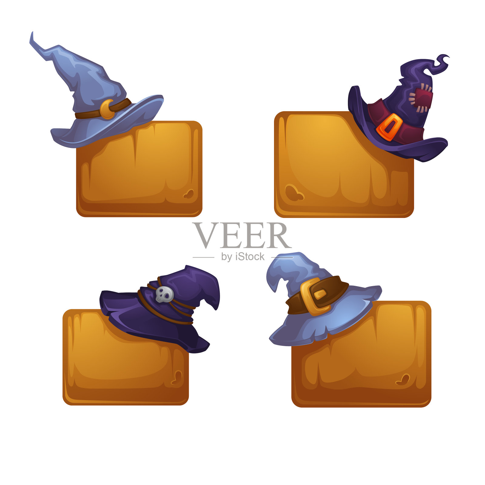 木制书桌上的卡通女巫帽收集插画图片素材