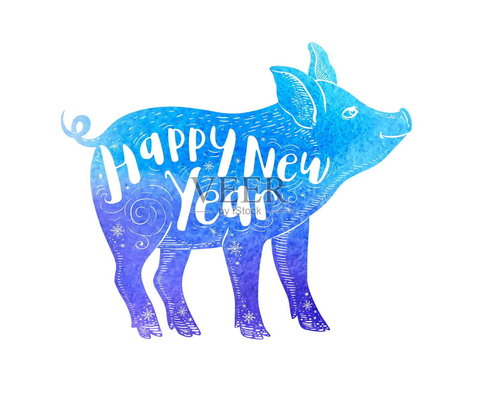 猪的蓝色水彩剪影插画图片素材