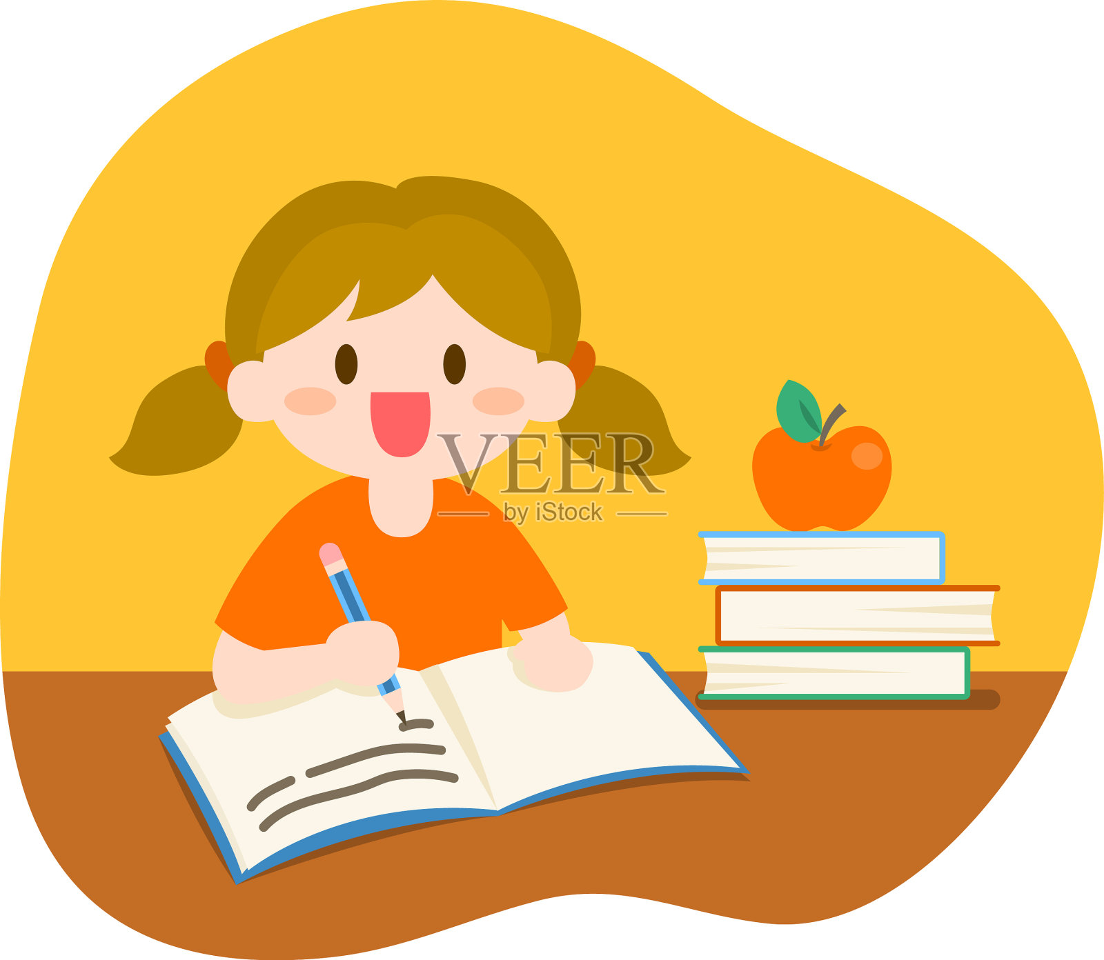 孩子们用书本和苹果学习设计元素图片