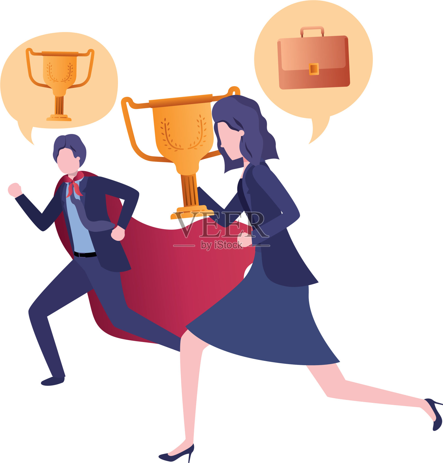 商业夫妇与英雄斗篷和言论泡沫插画图片素材