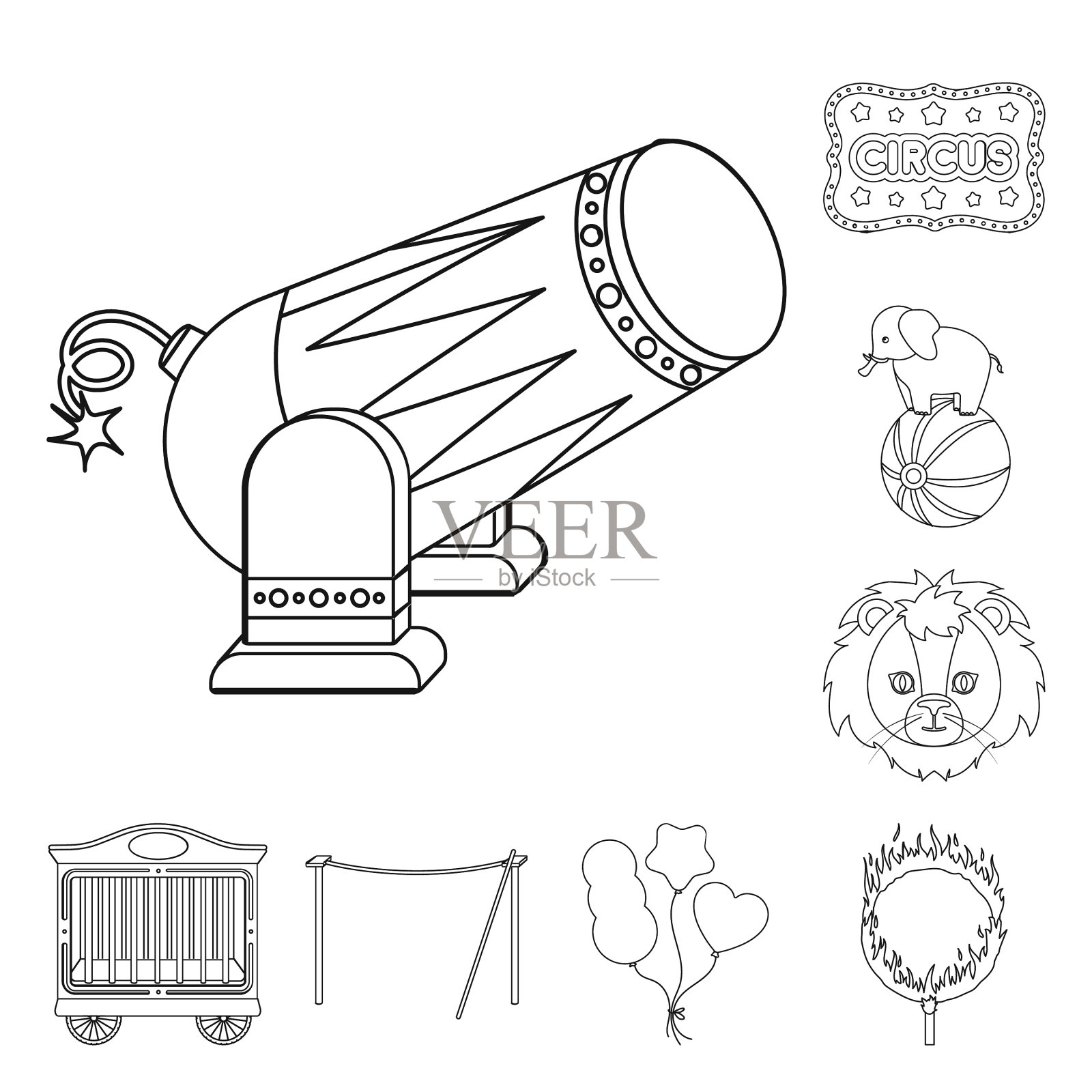 马戏团和属性轮廓图标在集合图标素材