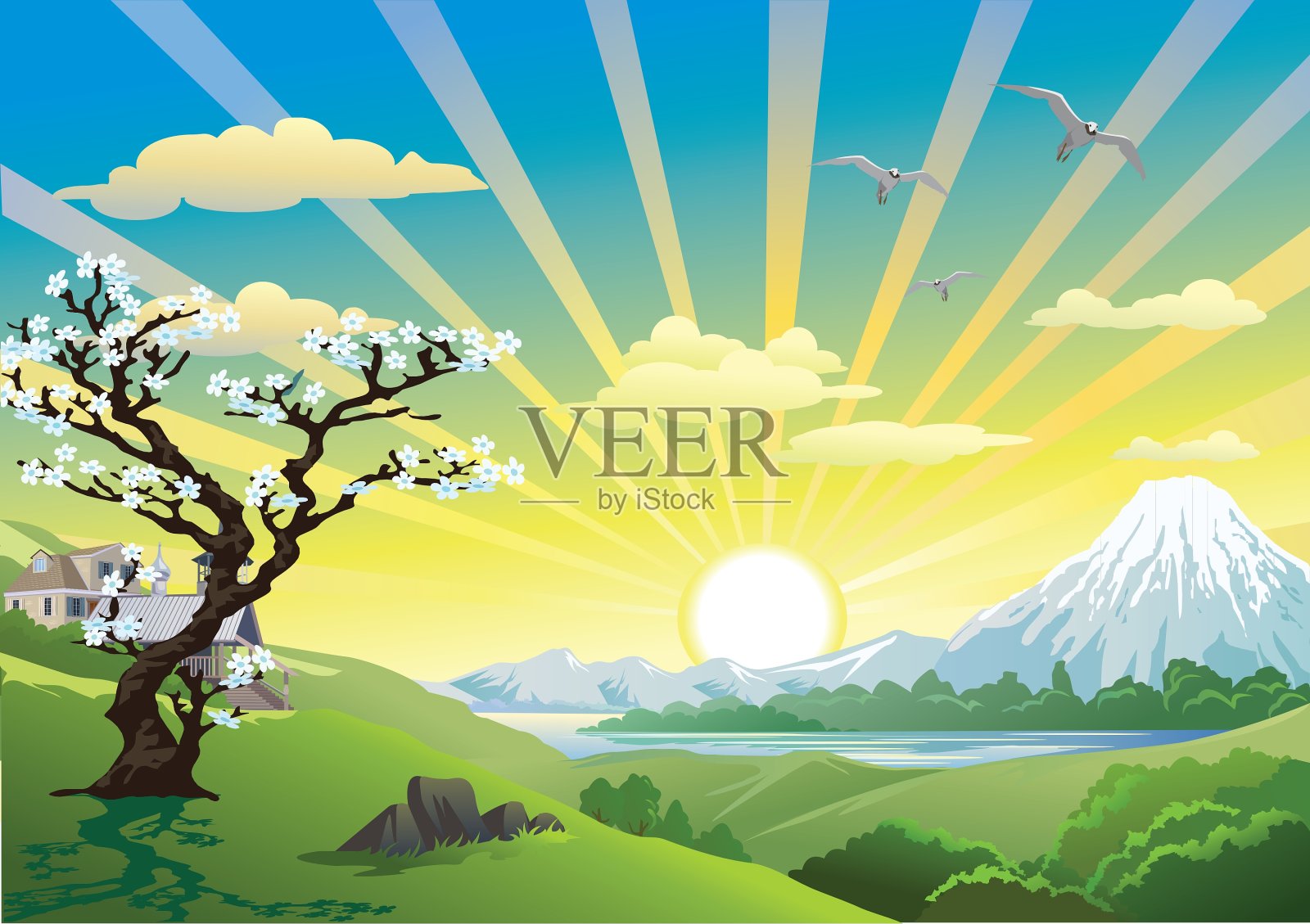 风景-湖上的山脉插画图片素材