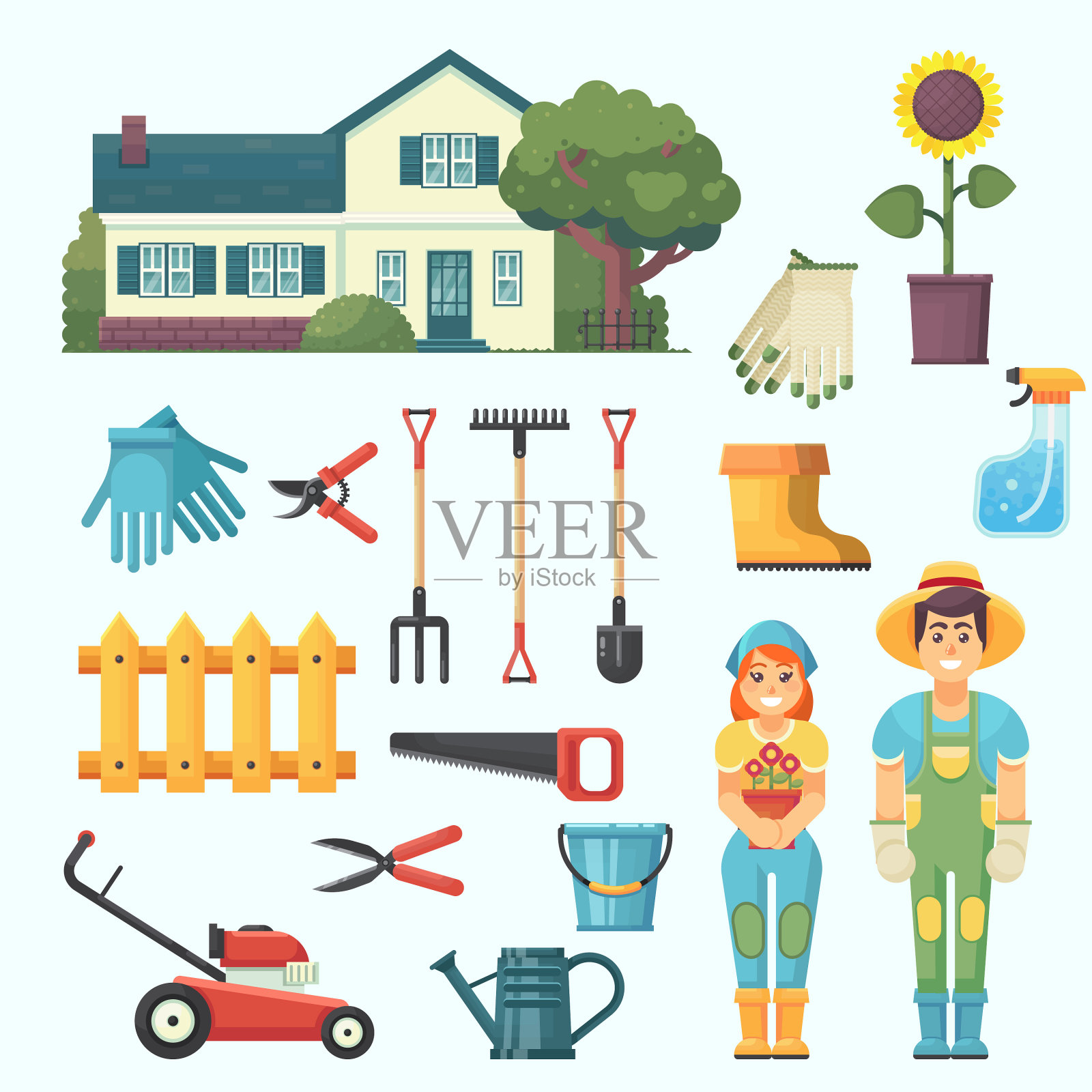 花园和果园房子花园树木工具插画图片素材