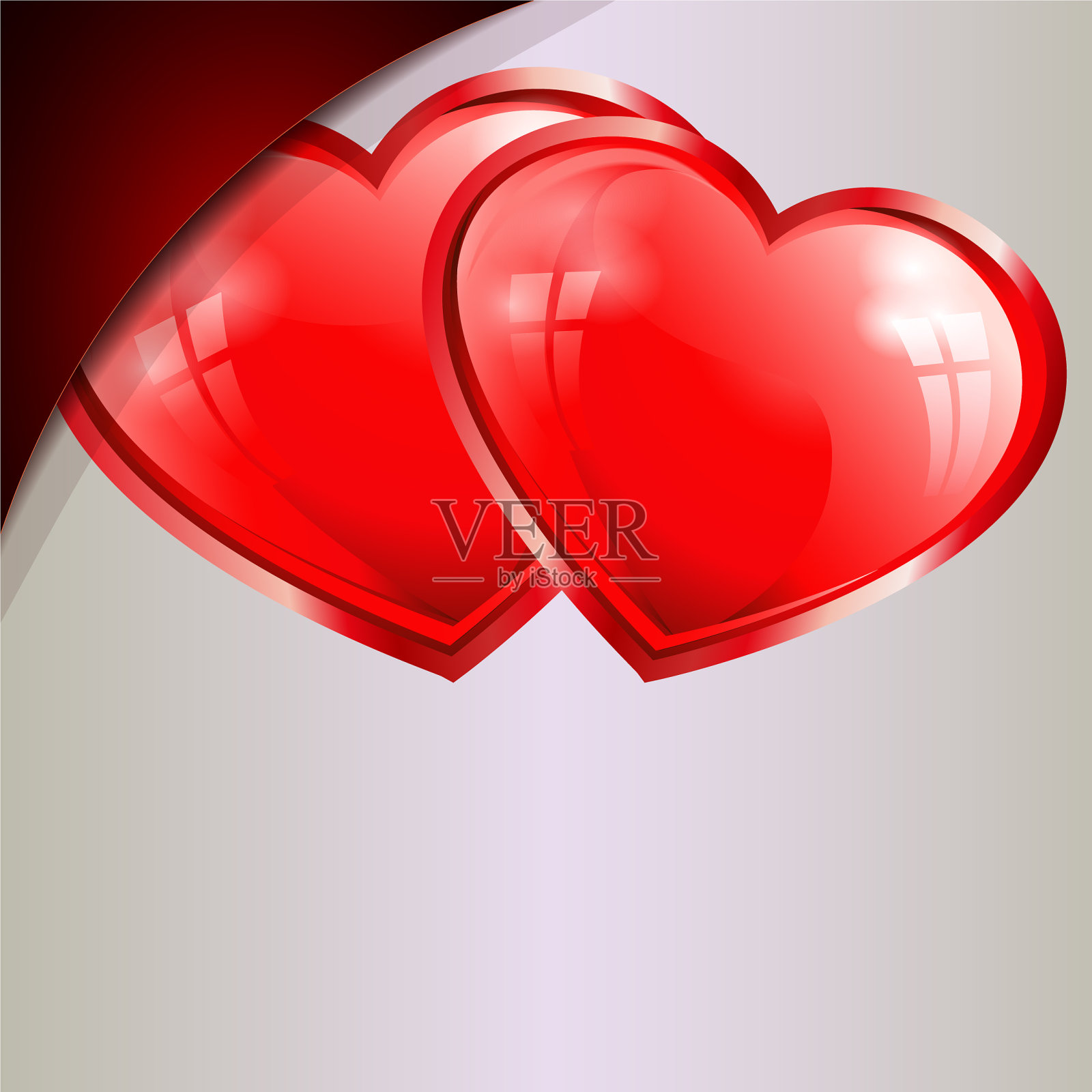 两颗红心在一个明亮的背景和一个角落插画图片素材