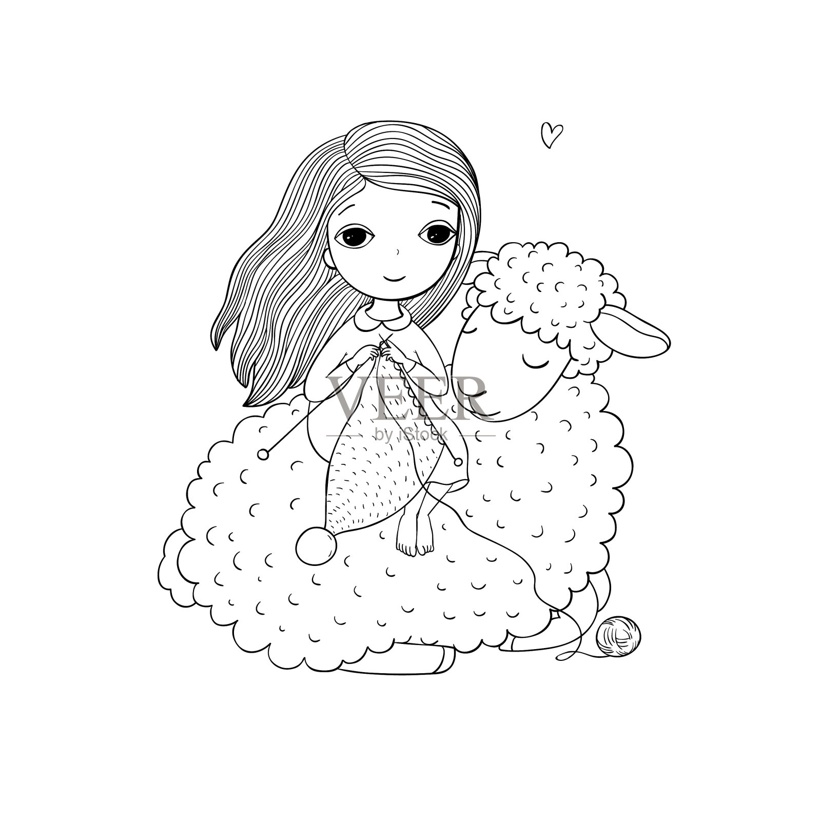 编织女孩和一只可爱的卡通绵羊设计元素图片