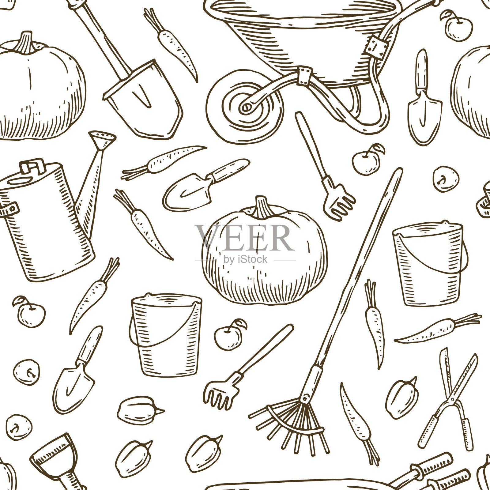 为园艺工具和蔬菜着色的模式插画图片素材