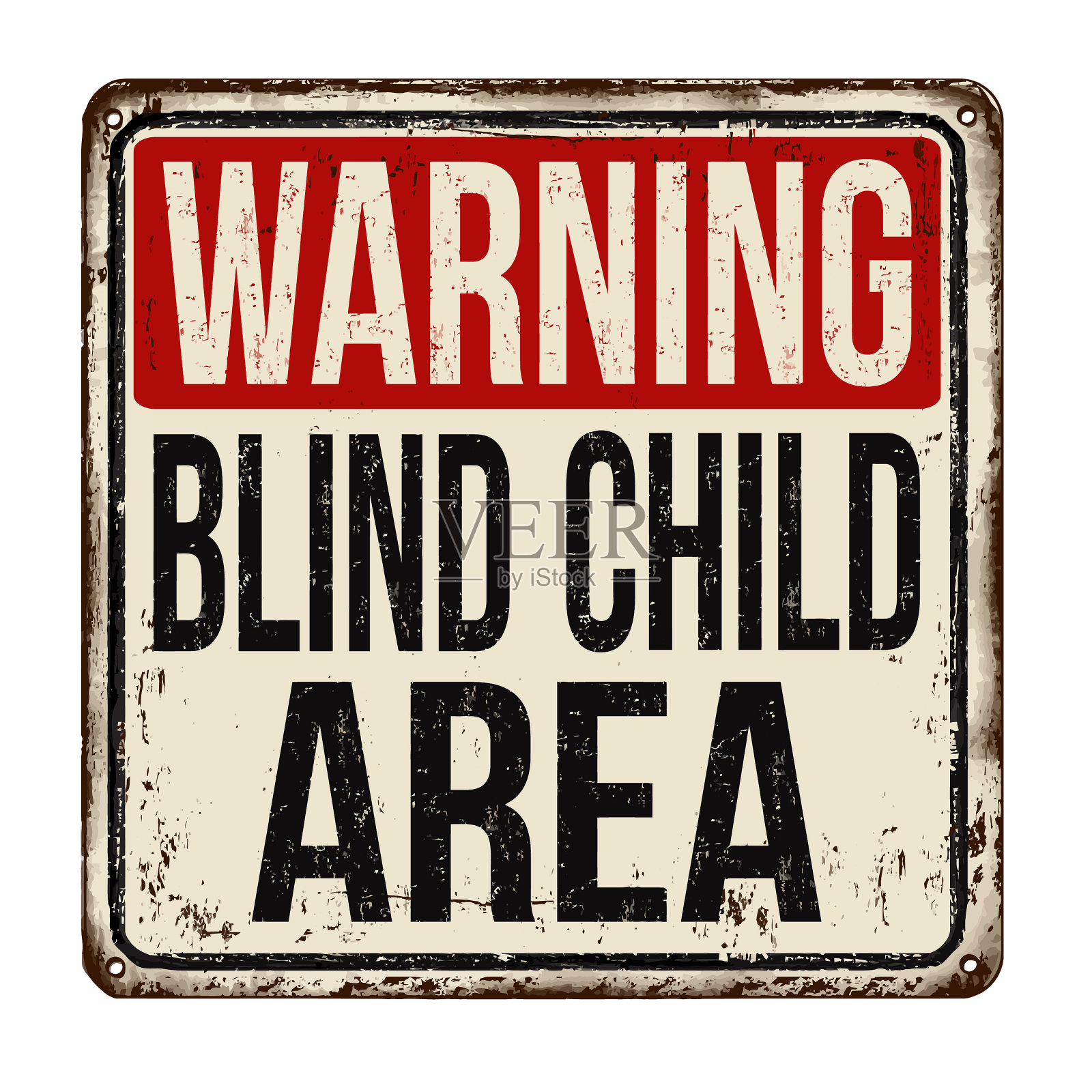 警示盲童区陈旧生锈的金属标志设计模板素材