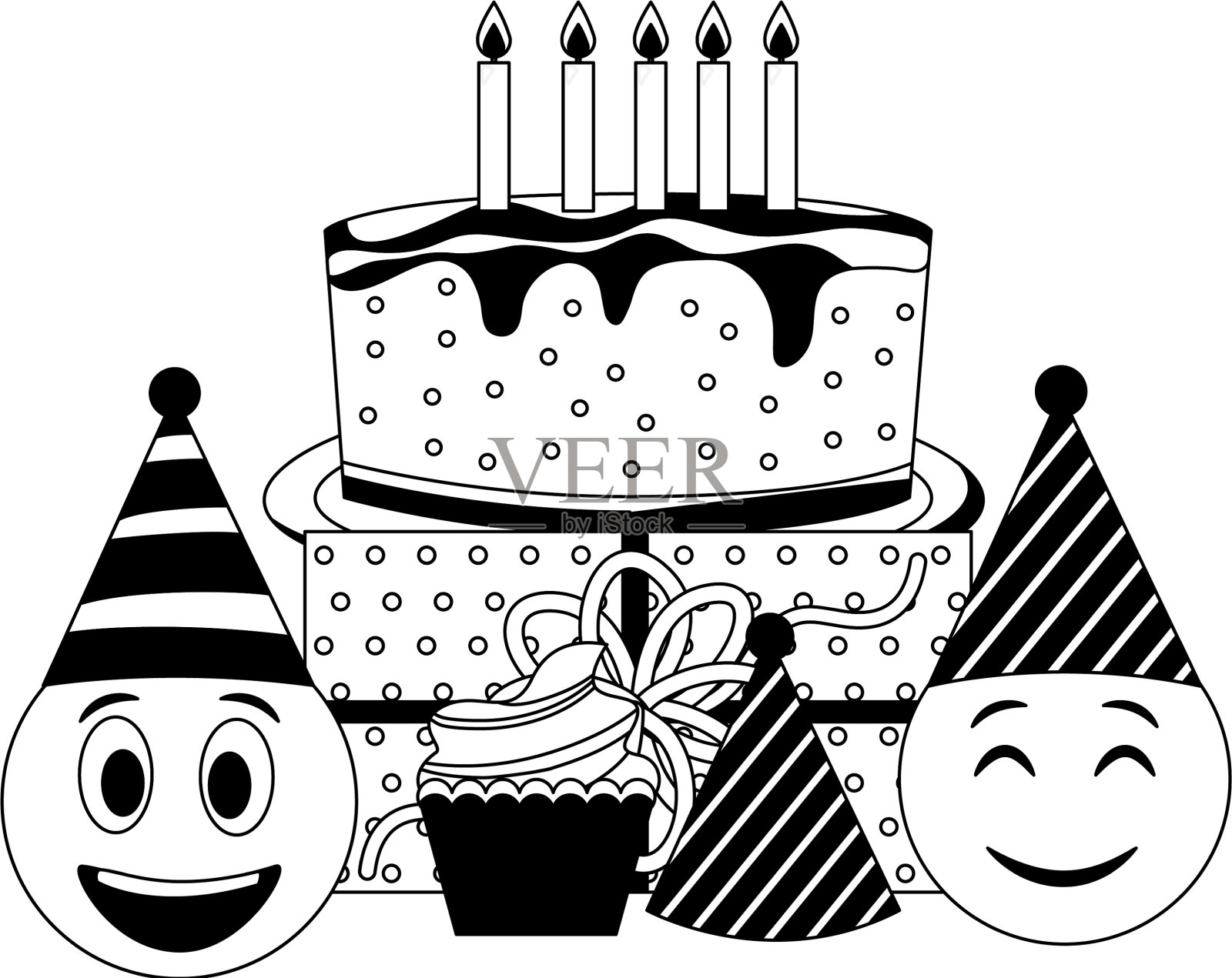 生日表情，笑脸，蛋糕，纸杯蛋糕，礼物和设计元素图片