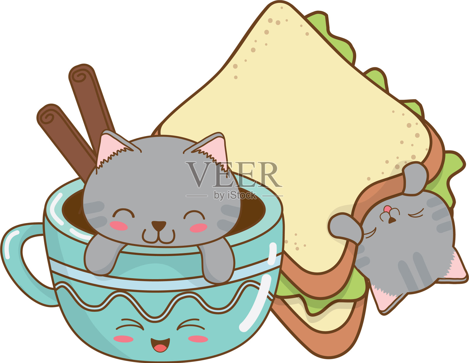 可爱的小猫咪和巧克力杯卡哇伊设计元素图片