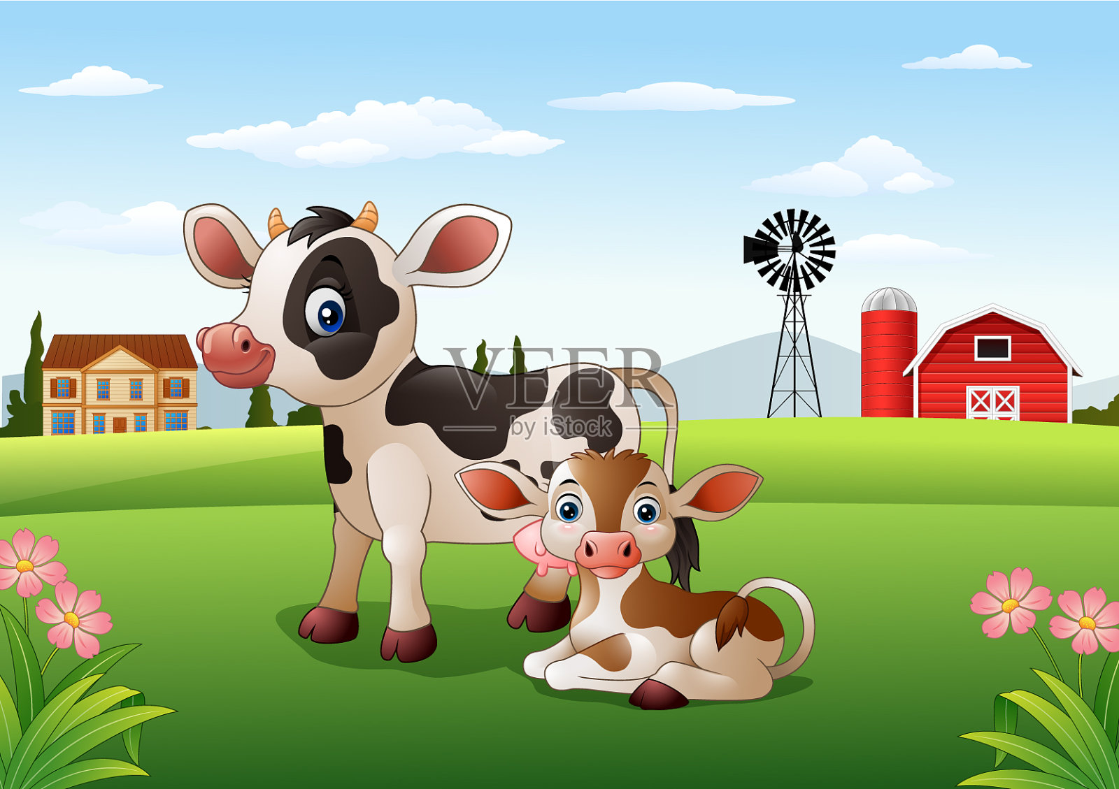 卡通母牛和小牛与农场背景插画图片素材