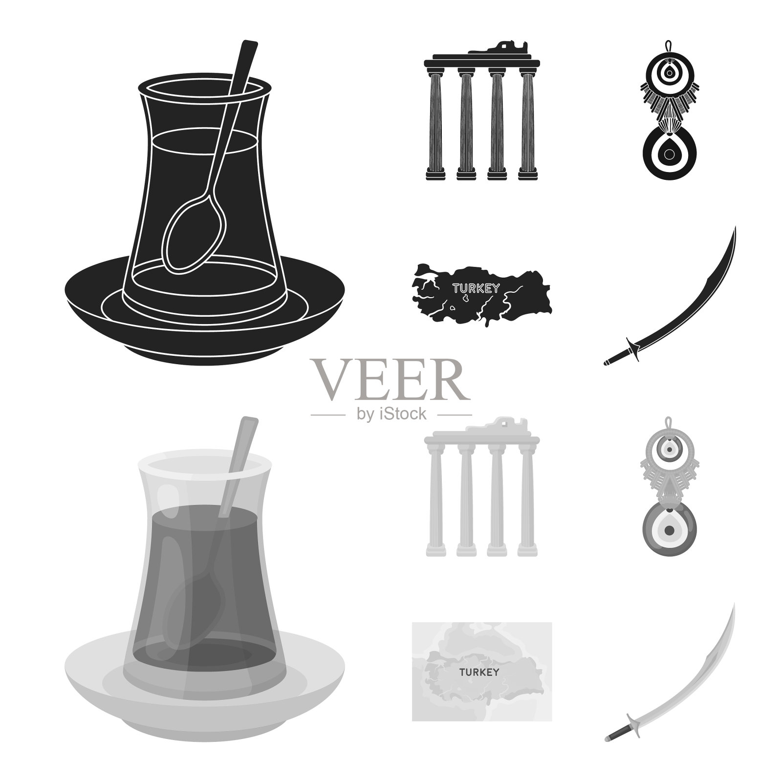 土耳其茶护身符遗址的古代地图插画图片素材