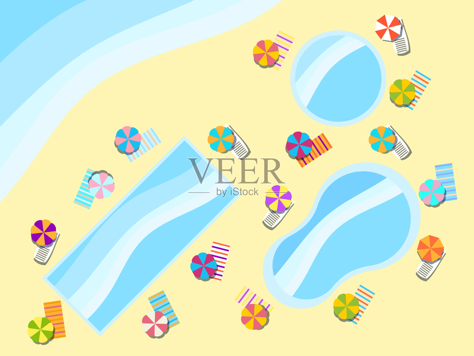 游泳池顶视图日光浴床和雨伞插画图片素材