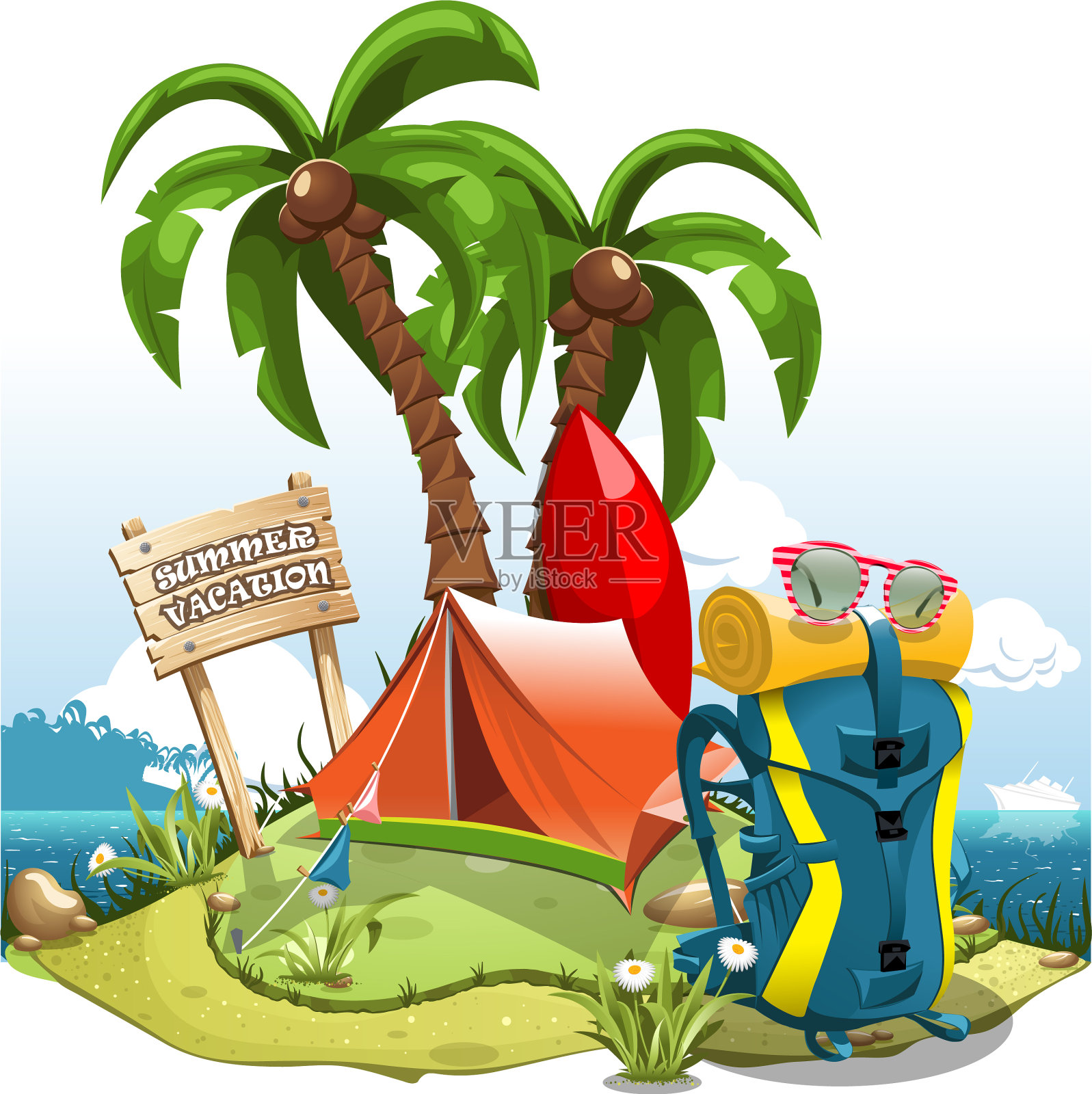 卡通的绿色小山靠近海边，有棕榈树设计元素图片