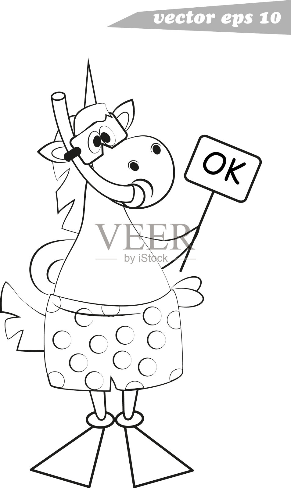 有趣的卡通勾勒出独角兽潜水面罩设计元素图片