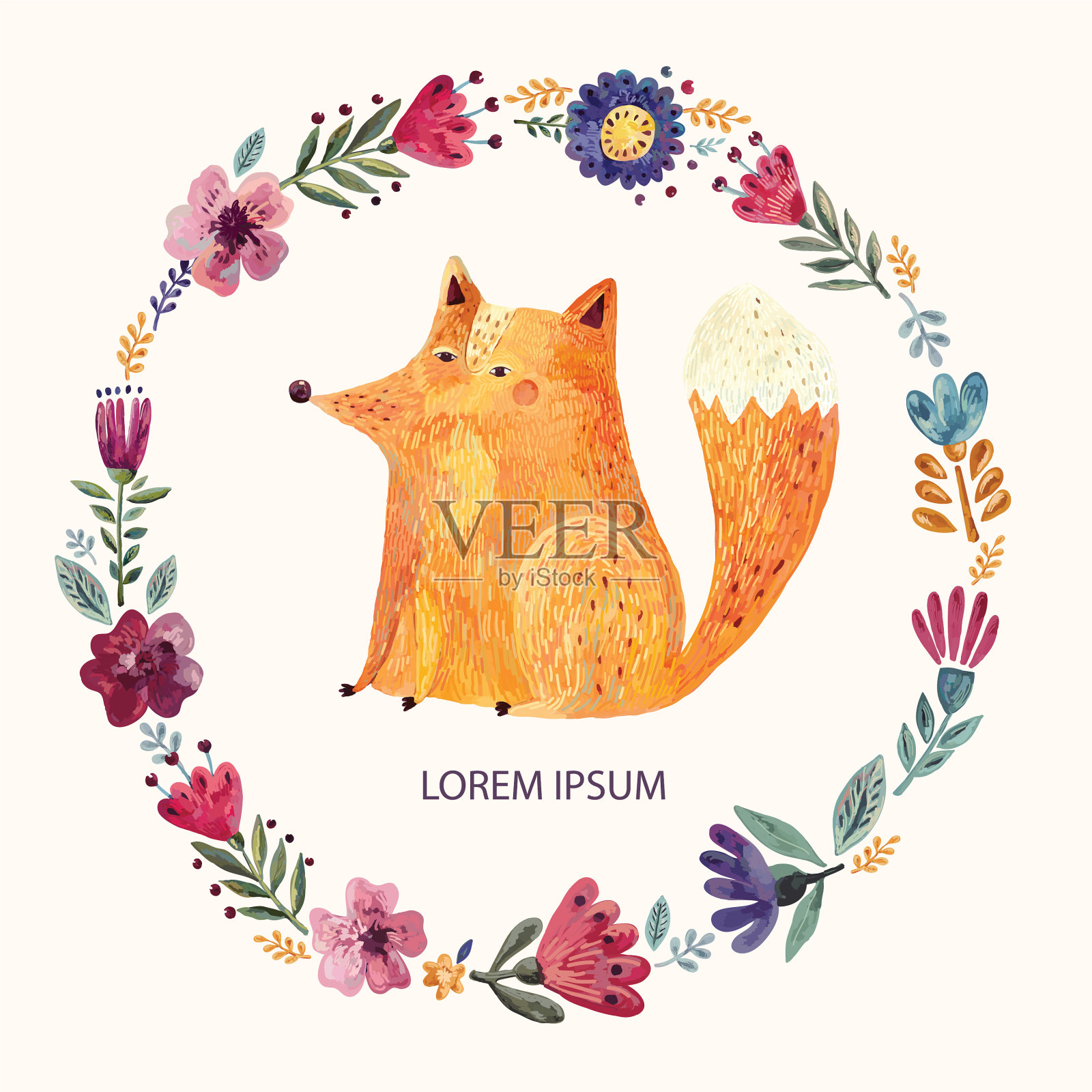 福克斯和鲜花插画图片素材
