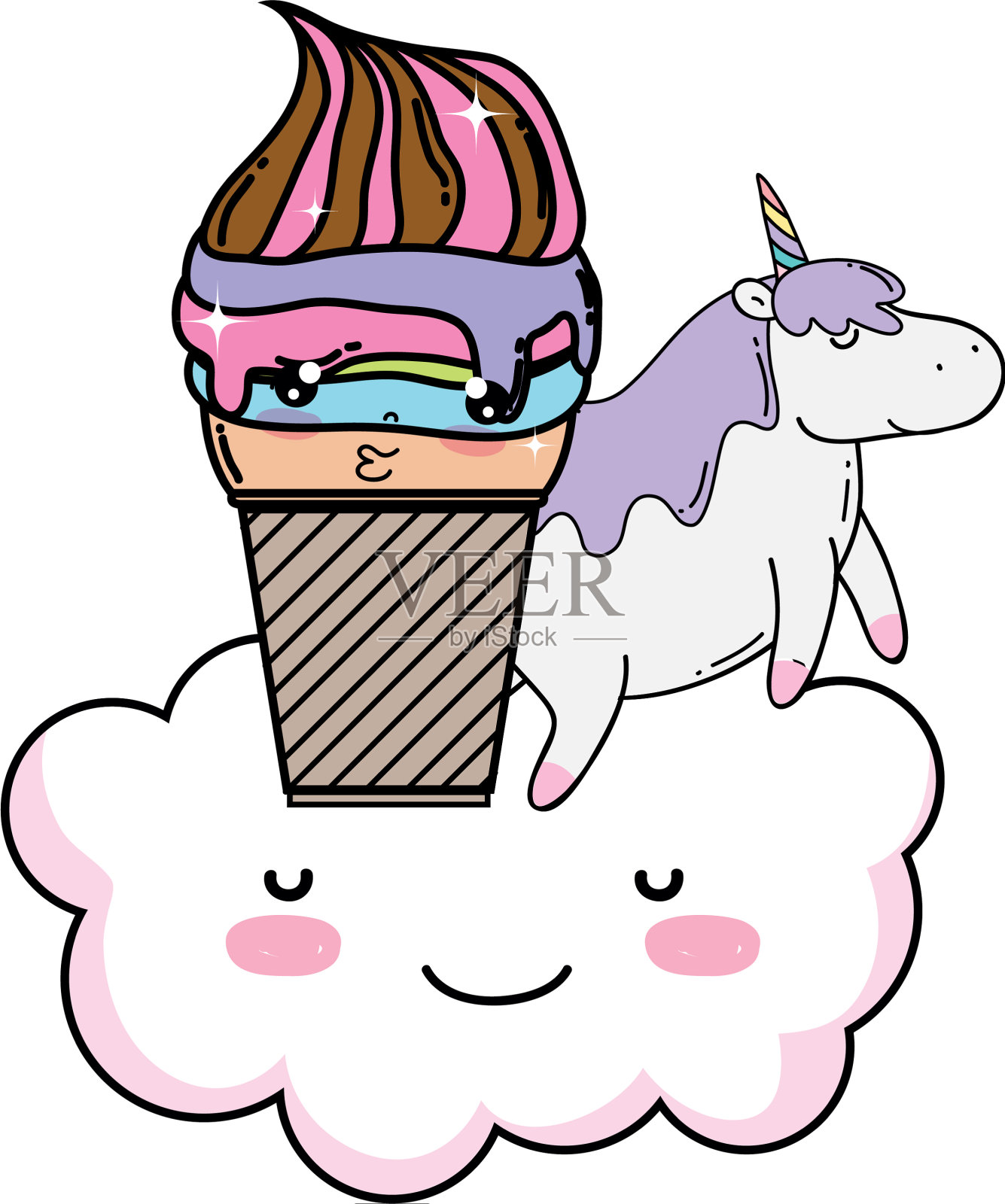 可爱的冰淇淋与云和独角兽卡哇伊设计元素图片