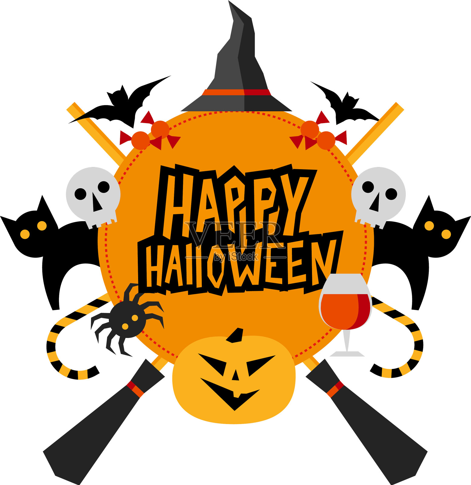 万圣节标志用南瓜女巫的帽子扫帚设计元素图片