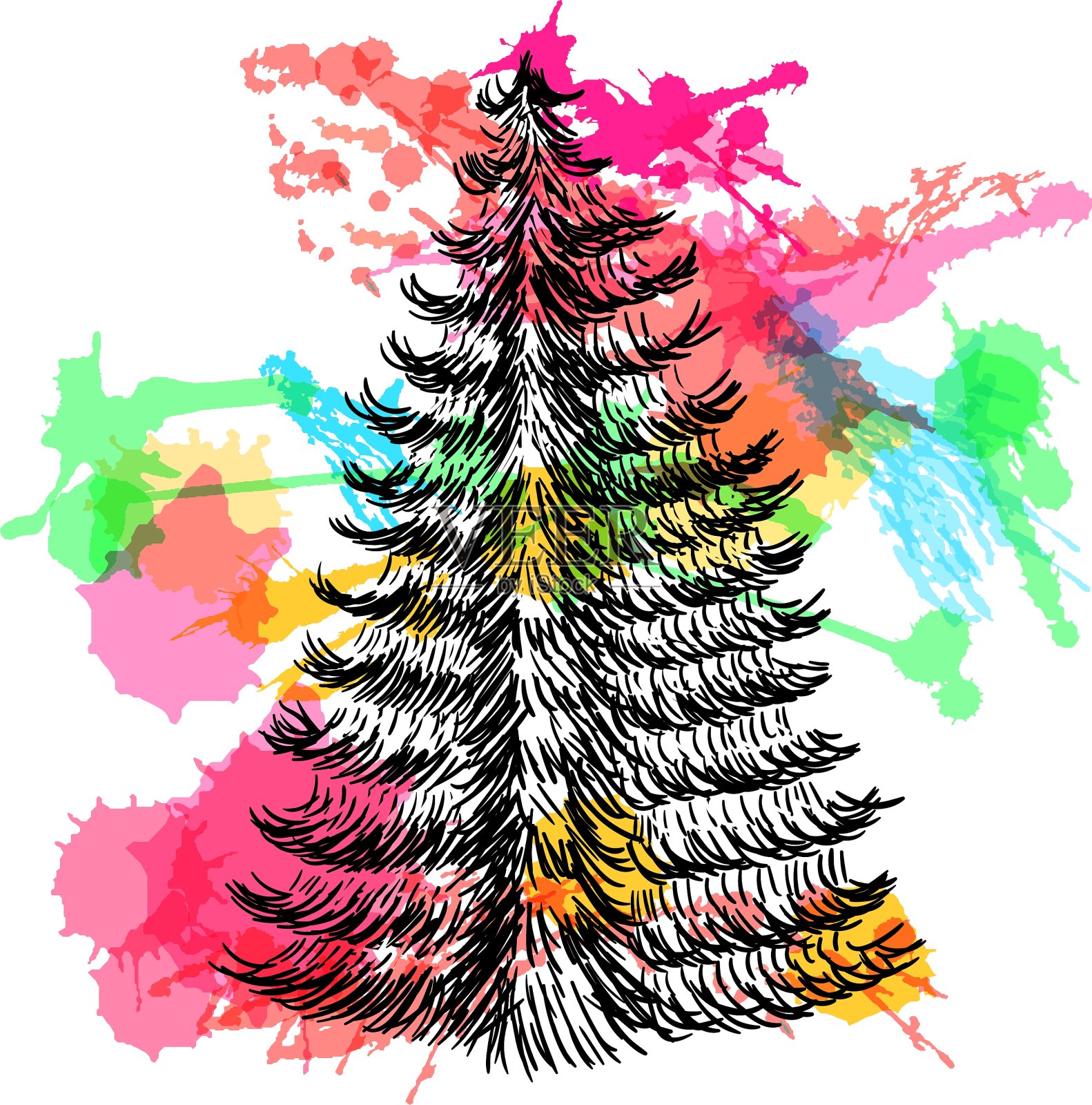 手绘素描圣诞树和礼物设计元素图片