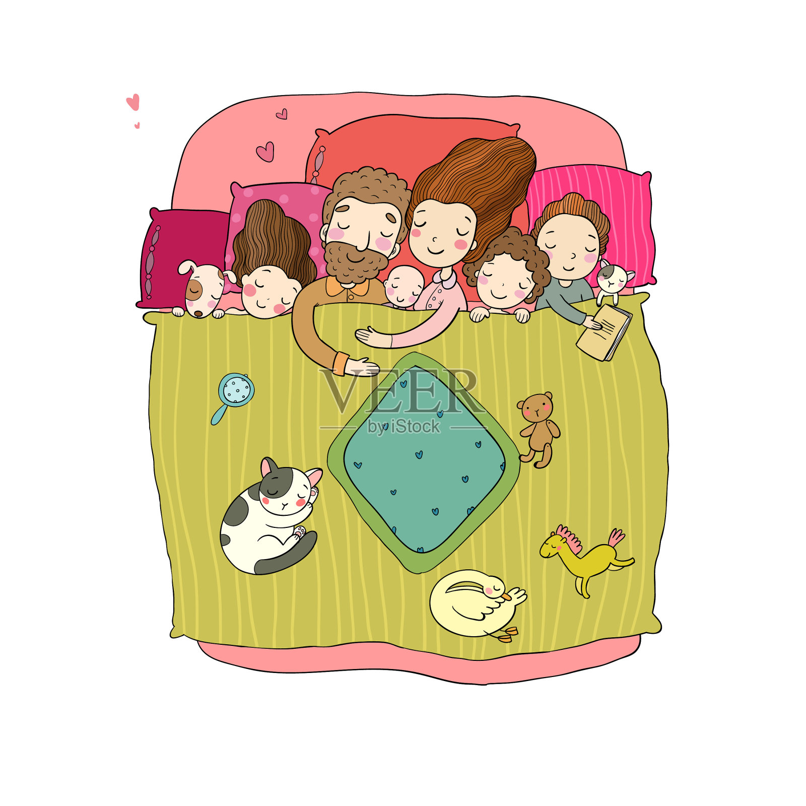 一家人都睡在卡通爸爸妈妈的床上设计元素图片