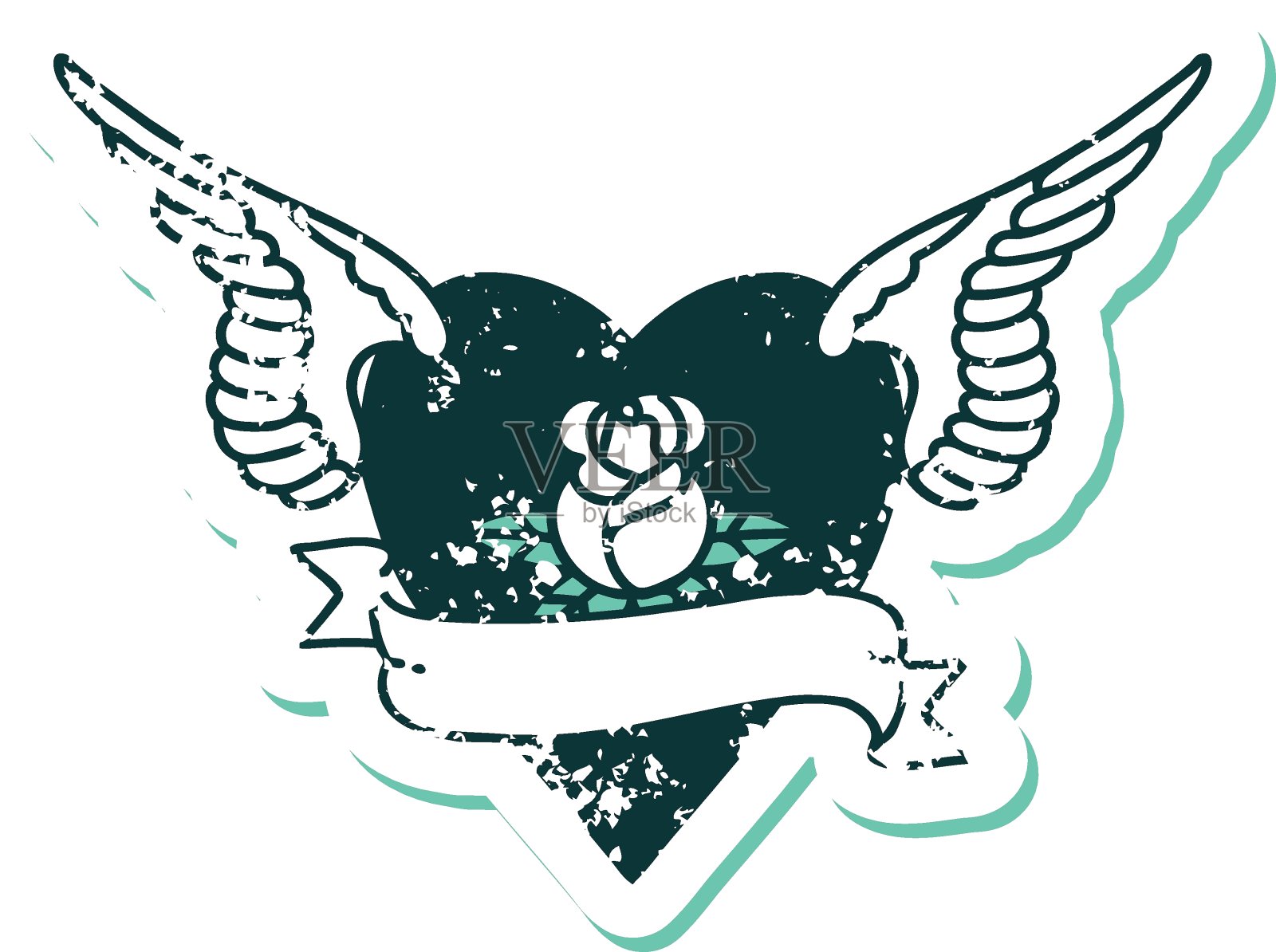 心疼贴纸纹身风格的心与翅膀，玫瑰和旗帜插画图片素材