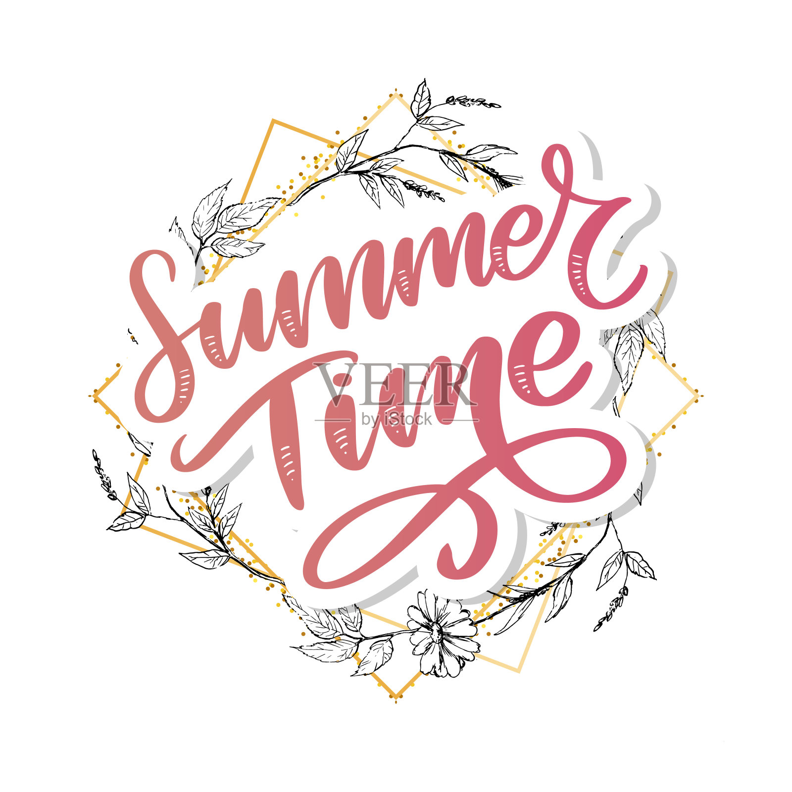 绿色的夏季时间信花在现代风格上丰富多彩的背景。问候邀请矢量插图。花花束装饰。装饰元素。插画图片素材