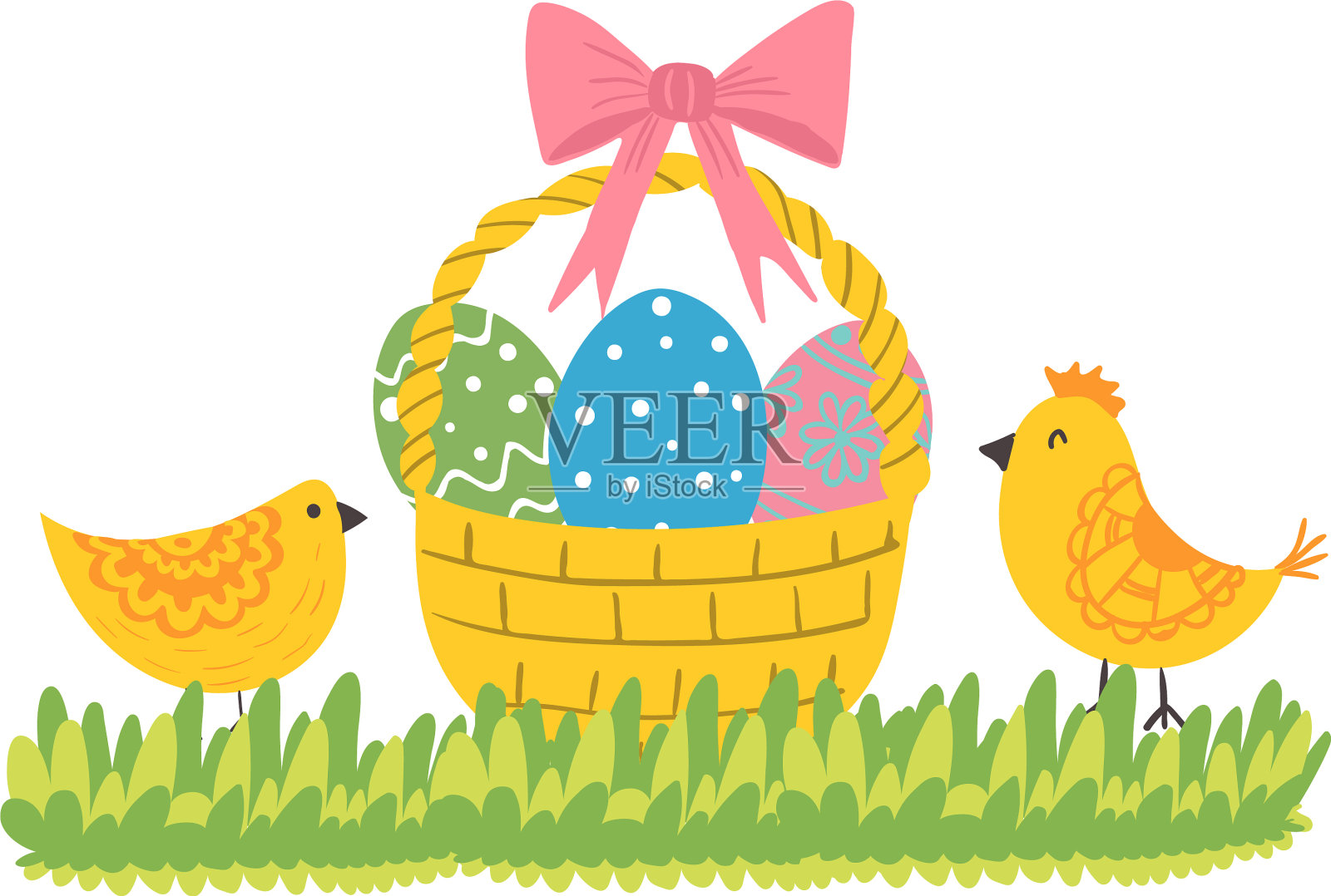 装有鸡蛋和小鸡的复活节篮子设计元素图片