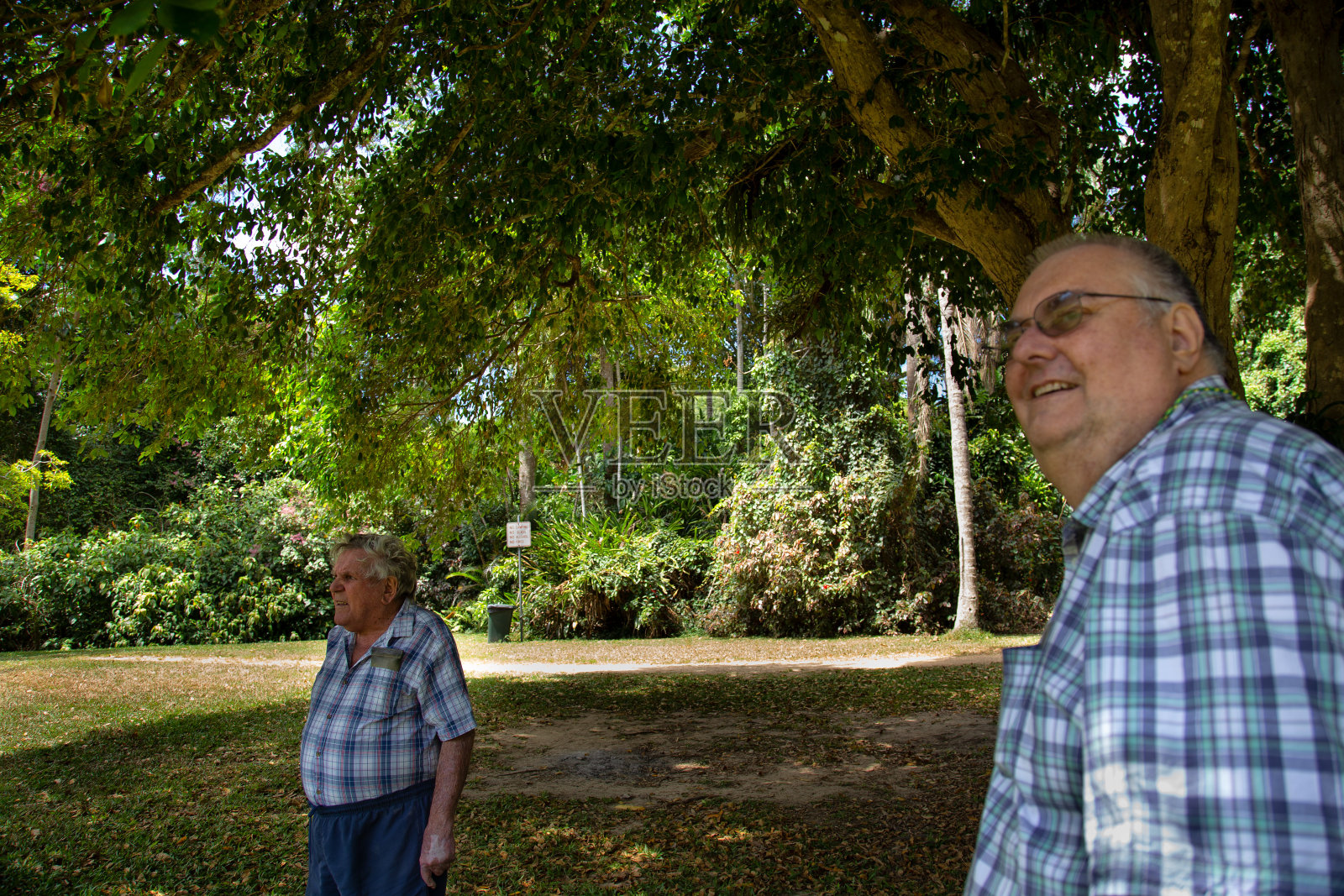 两名男子站在户外的阴凉处，看着远处的什么东西，身后是澳大利亚北昆士兰热带地区库兰达附近的一条步道和一片森林照片摄影图片