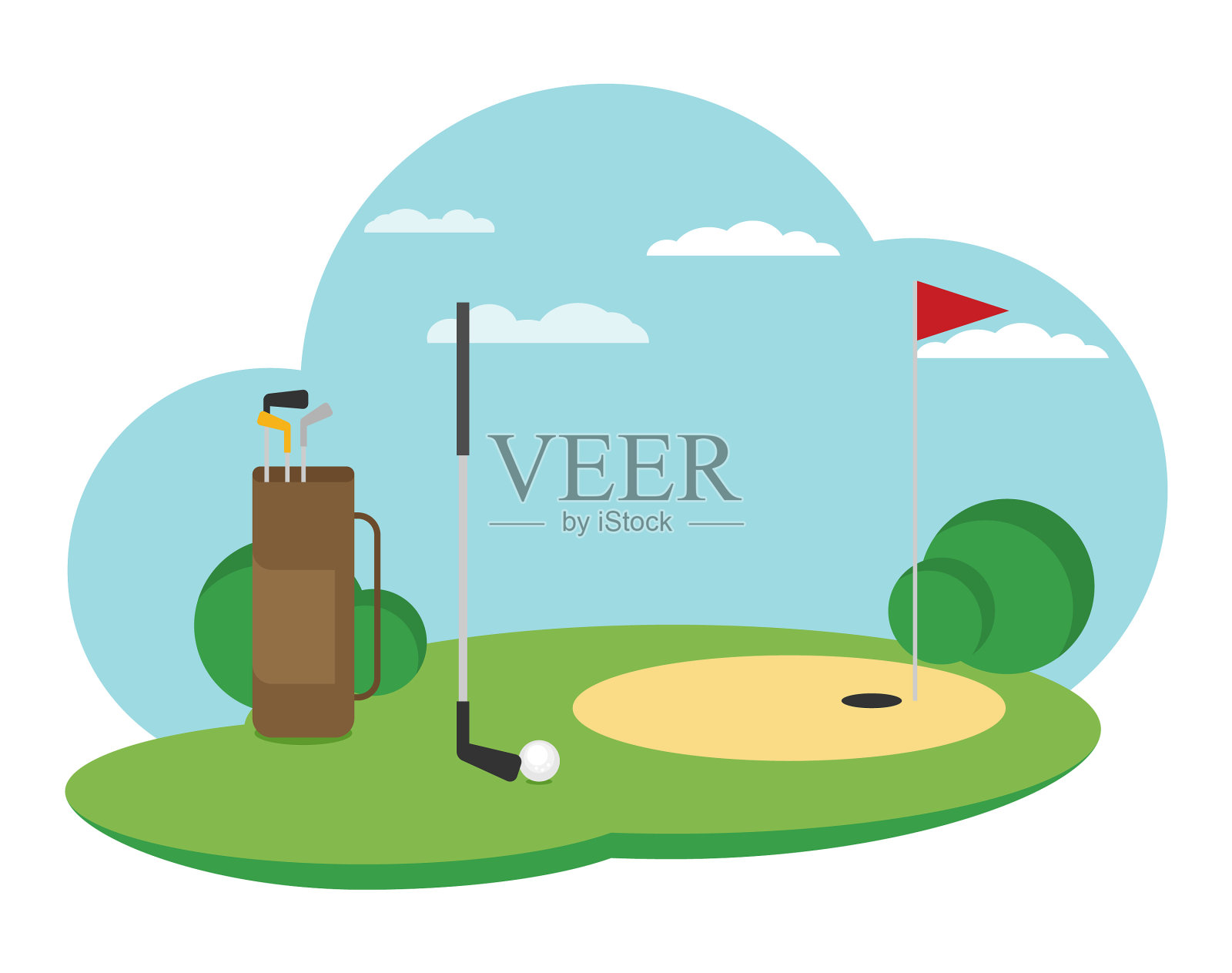 高尔夫旗帜与球的平面风格设计设计元素图片