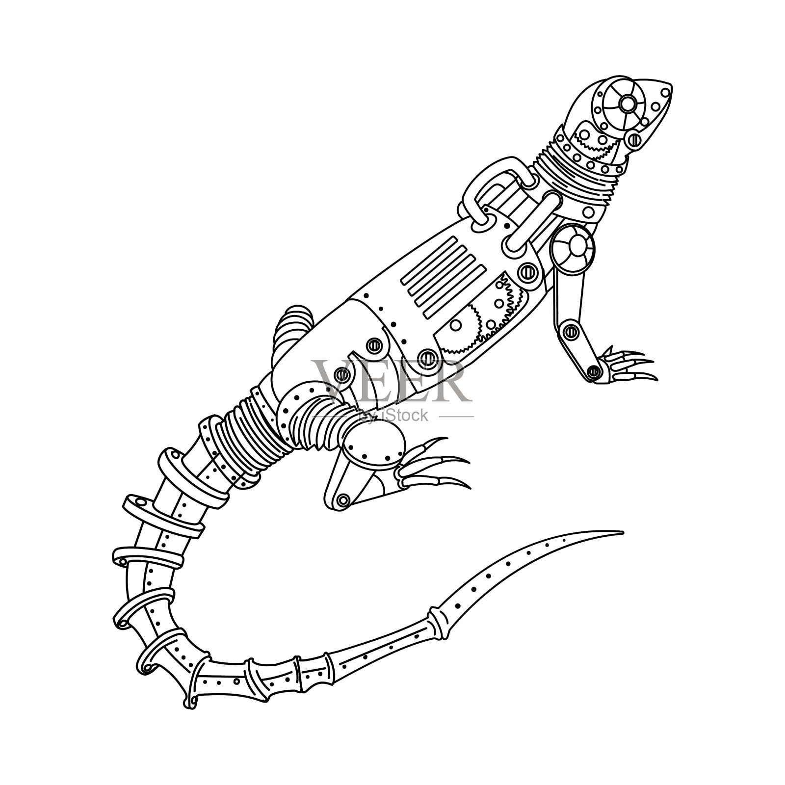 蒸汽朋克风格的蜥蜴涂色书设计元素图片