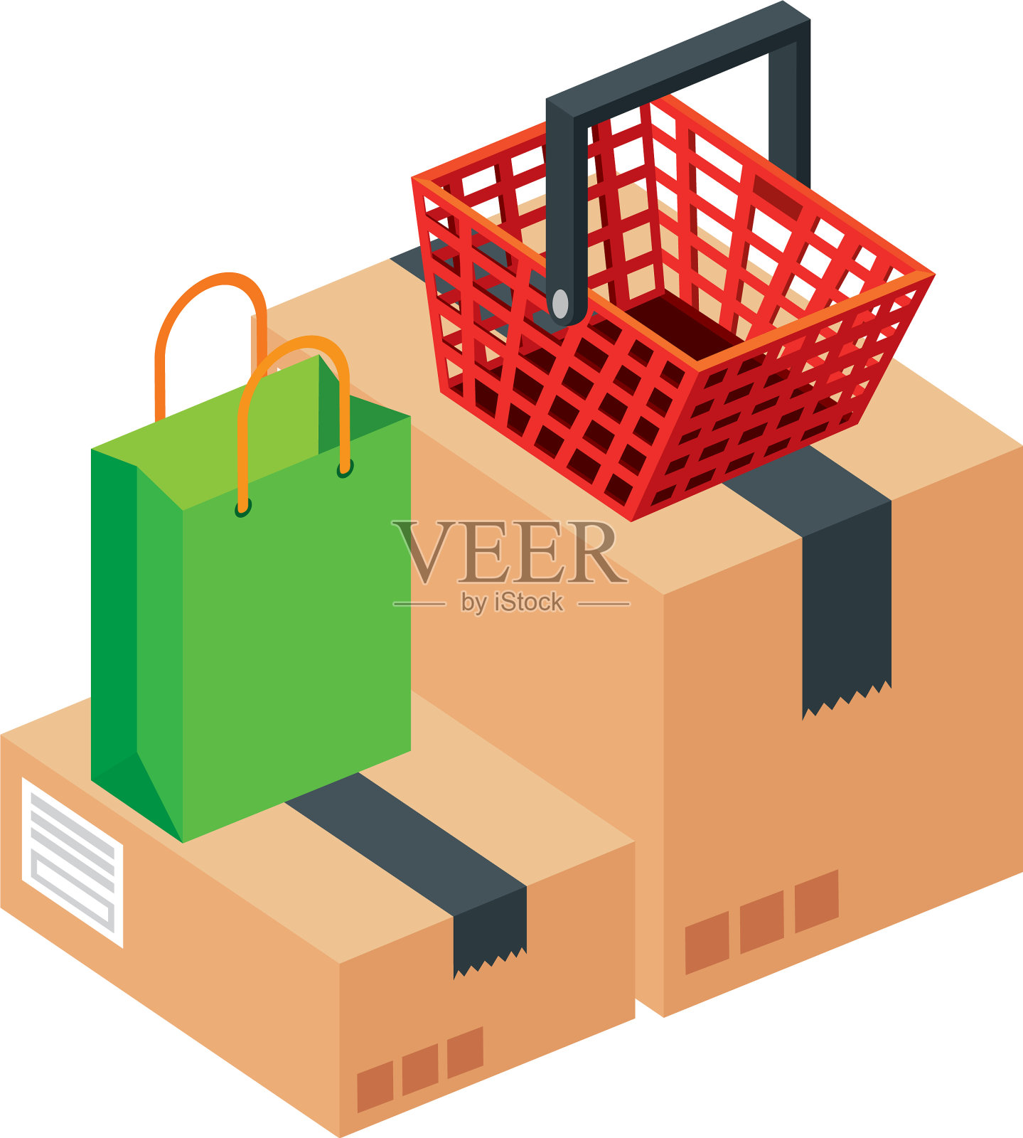 袋子与篮子购物和盒子包装设计元素图片