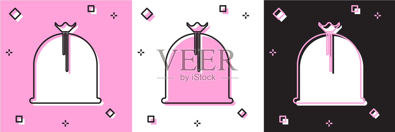 设置海盗袋图标隔离在粉红色和白色插画图片素材