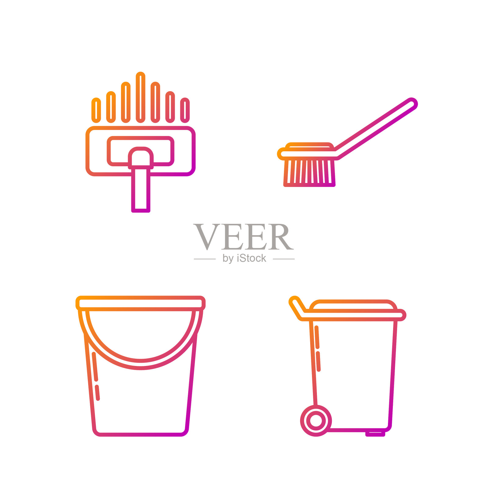 设垃圾筒、铲斗、吸尘器等生产线图标素材