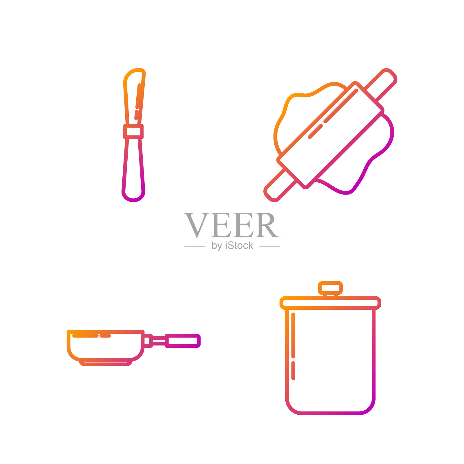 摆列烹饪锅、煎锅、刀插画图片素材