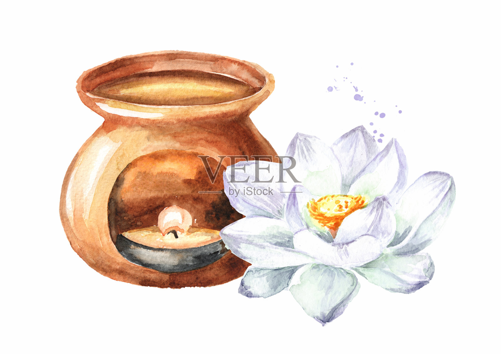 白莲花香灯。手绘植物水彩插图孤立的白色背景插画图片素材