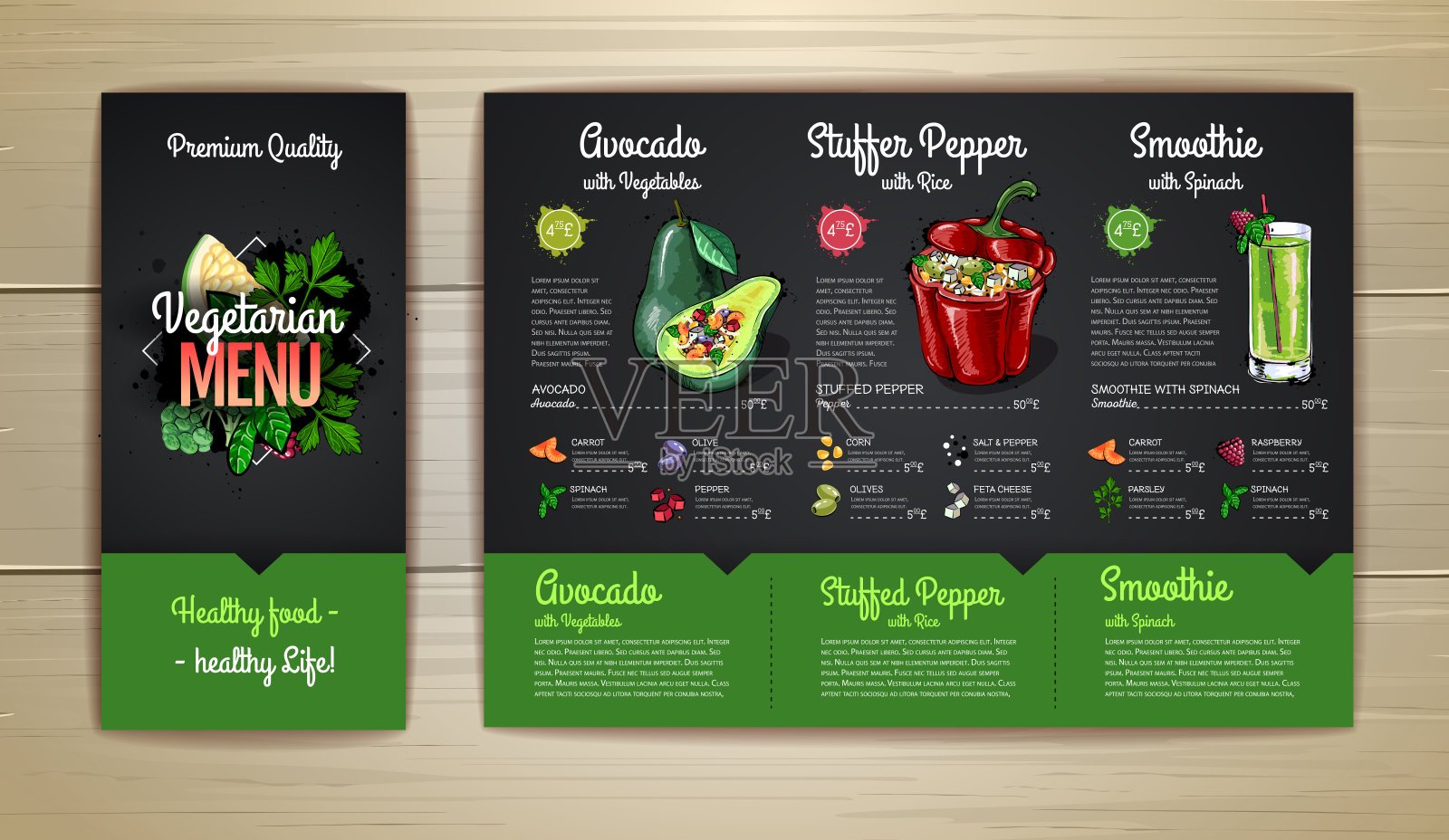 粉笔画素食菜单设计与素食餐。餐厅的菜单设计模板素材