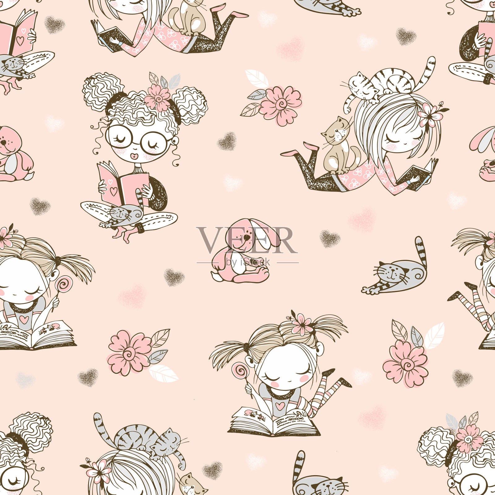 无缝图案与可爱的阅读女孩。向量插画图片素材