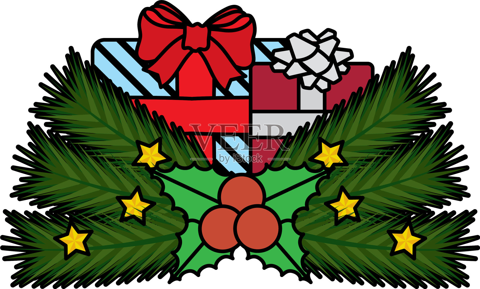 圣诞礼盒礼物与花环叶设计元素图片